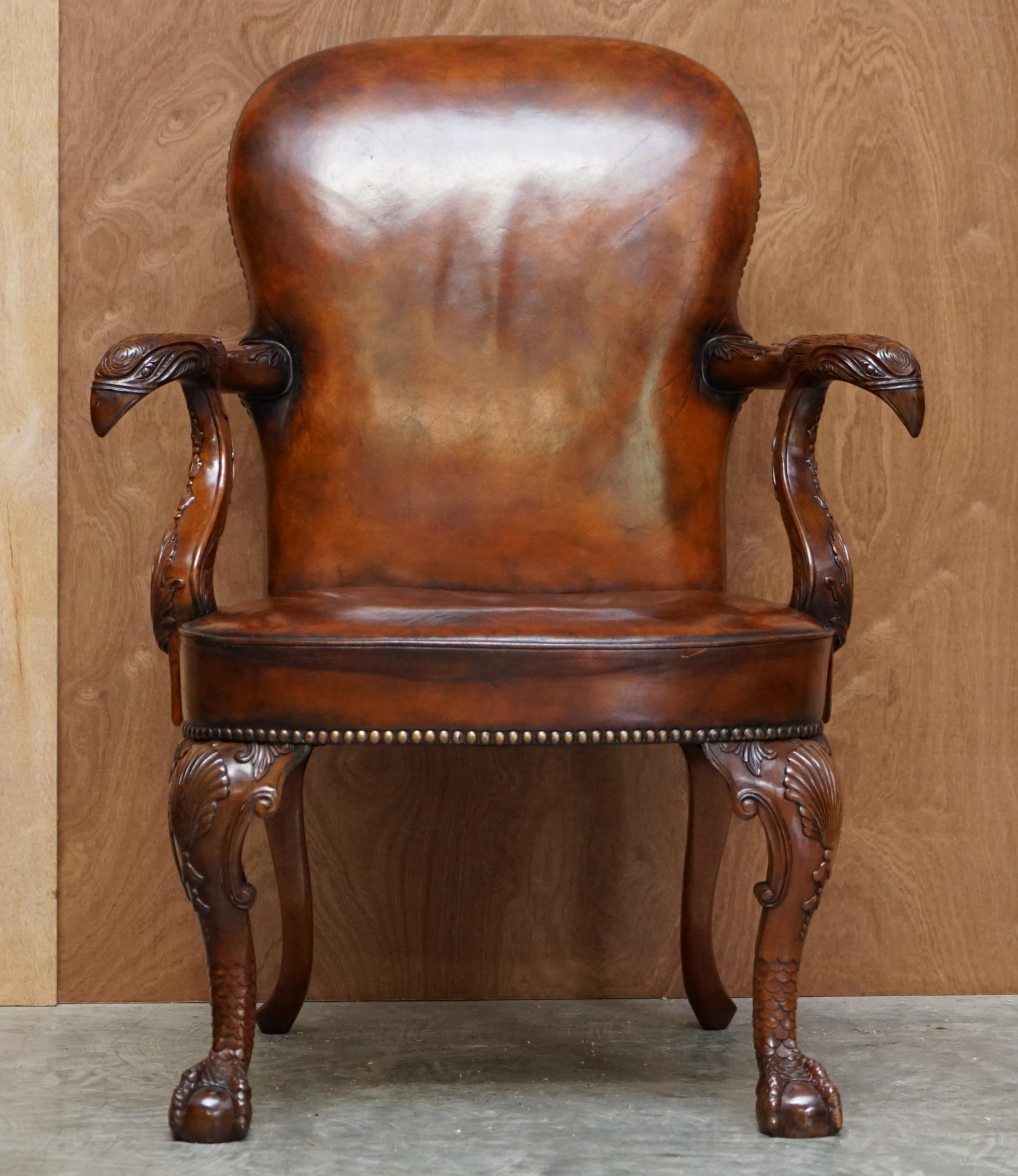We are delighted to offer for this lovely hand carved Georgian style eagle head and claw & ball feet armchair 

A very good looking and well made piece. Based on a Georgian Irish design dating back to the 18th century. It is more a piece of art