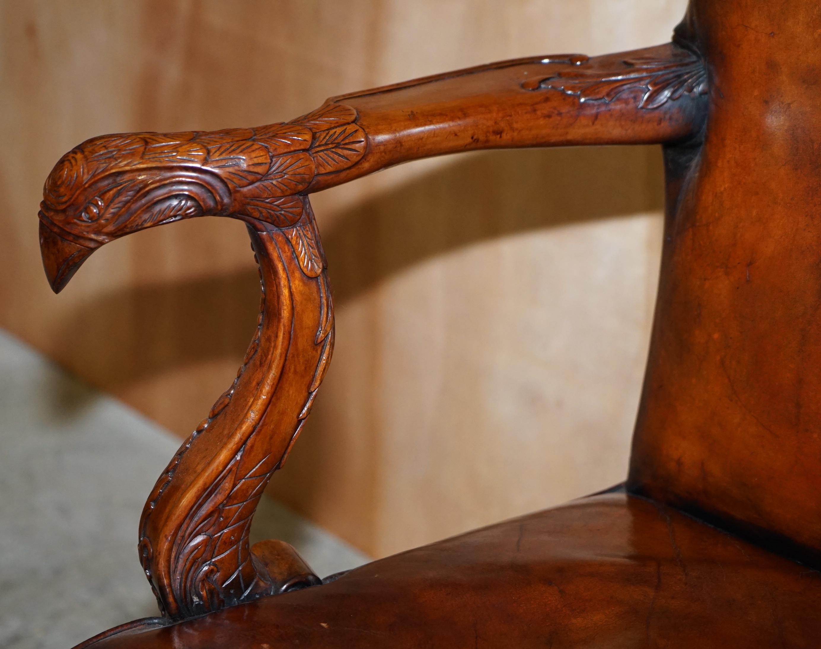 Georgian Fully Restored Vintage Eagle Armed Claw & Ball Feet Brown Leather Armchair For Sale