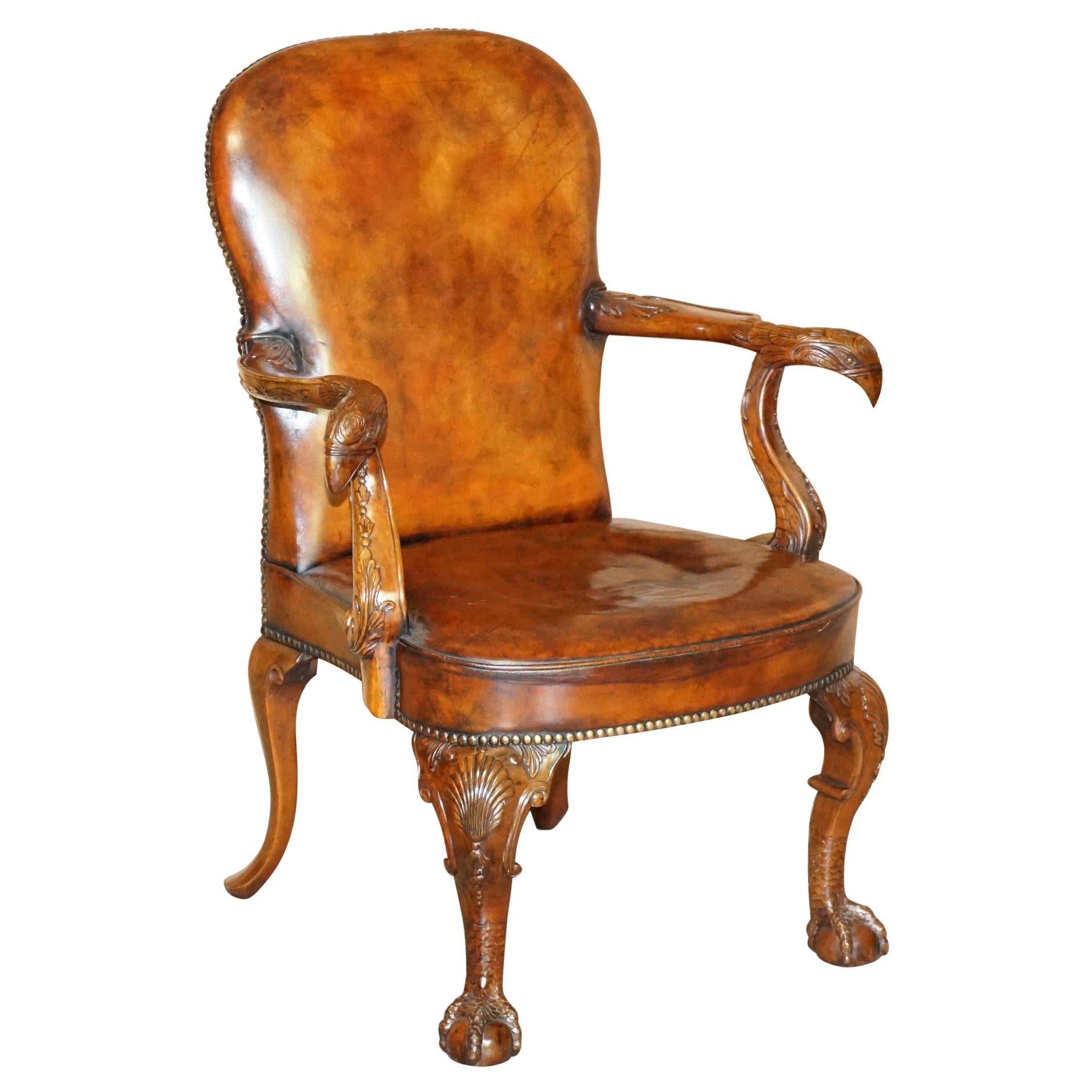 Fully Restored Vintage Eagle Armed Claw & Ball Feet Brown Leather Armchair For Sale