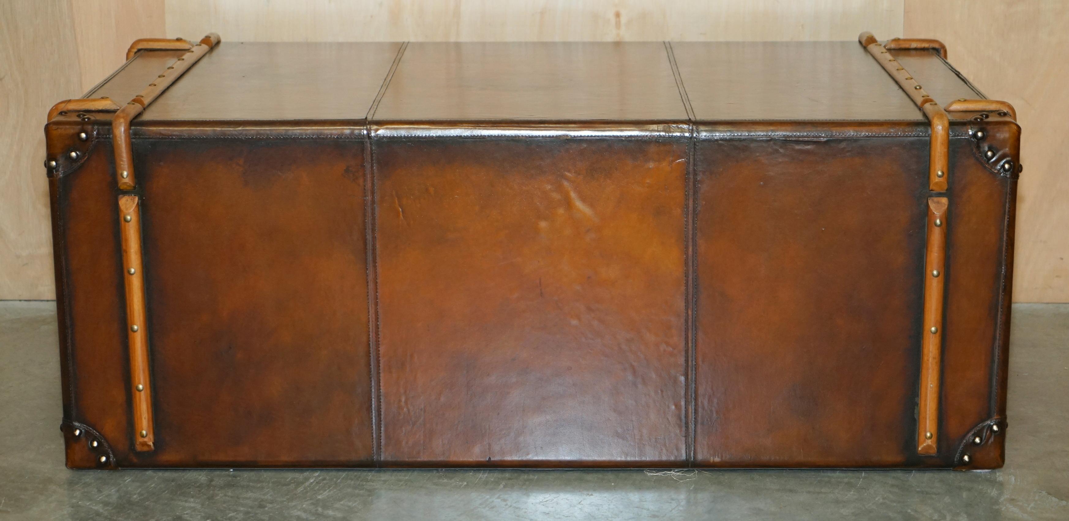 FULLY RESTORED ViNTAGE HAND DYED BROWN LEATHER STEAMER TRUNK COFFEE TABLE DRAWER 8