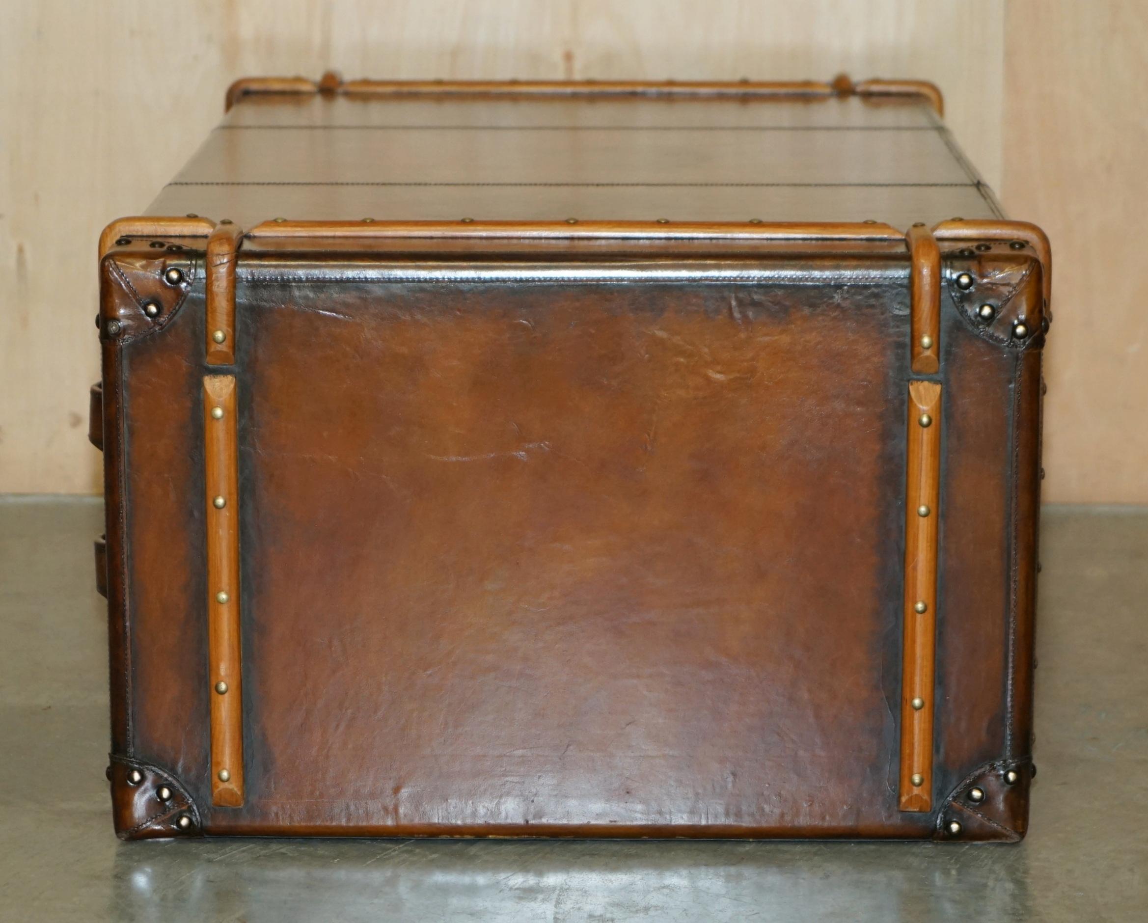 FULLY RESTORED ViNTAGE HAND DYED BROWN LEATHER STEAMER TRUNK COFFEE TABLE DRAWER 9