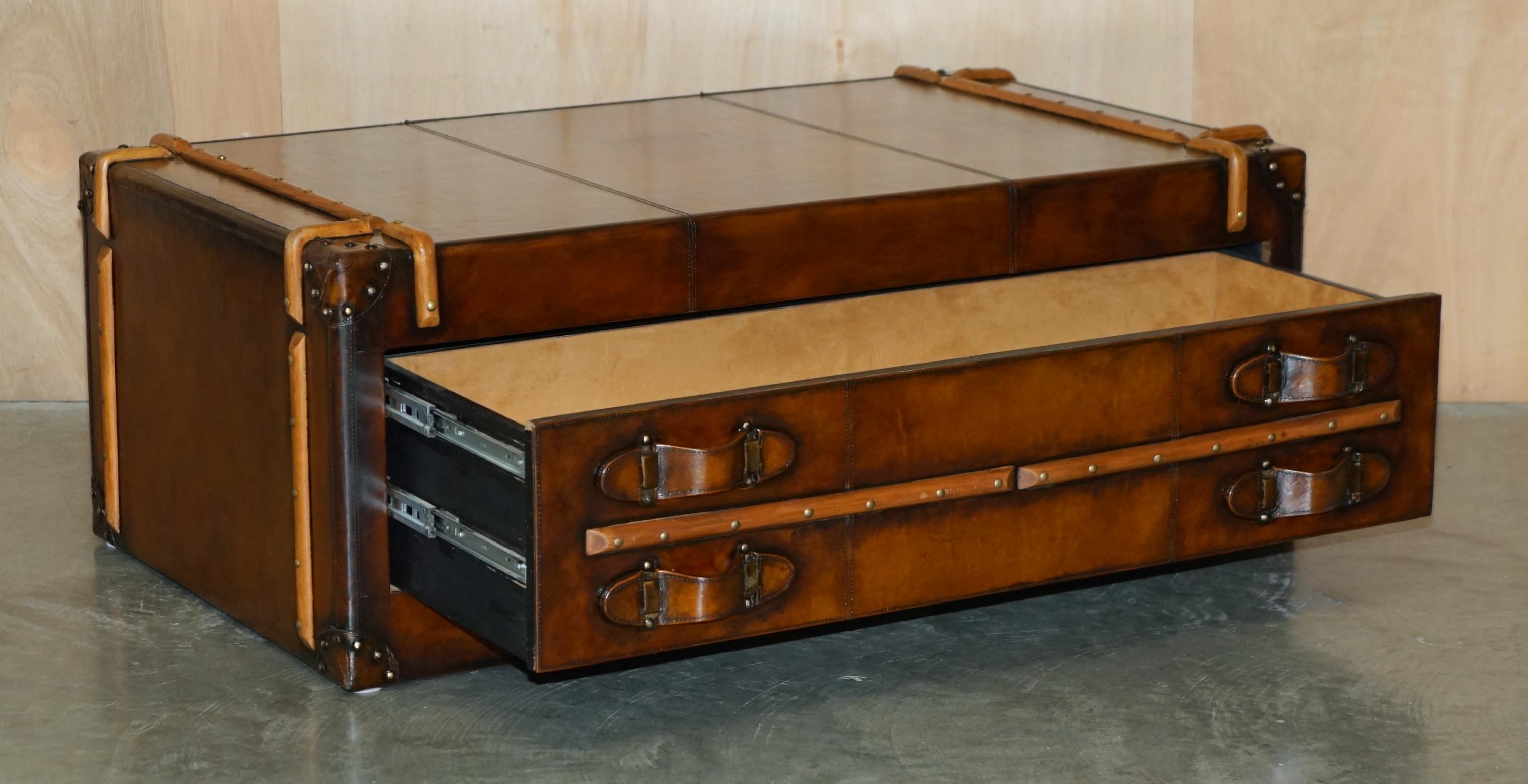FULLY RESTORED ViNTAGE HAND DYED BROWN LEATHER STEAMER TRUNK COFFEE TABLE DRAWER 10