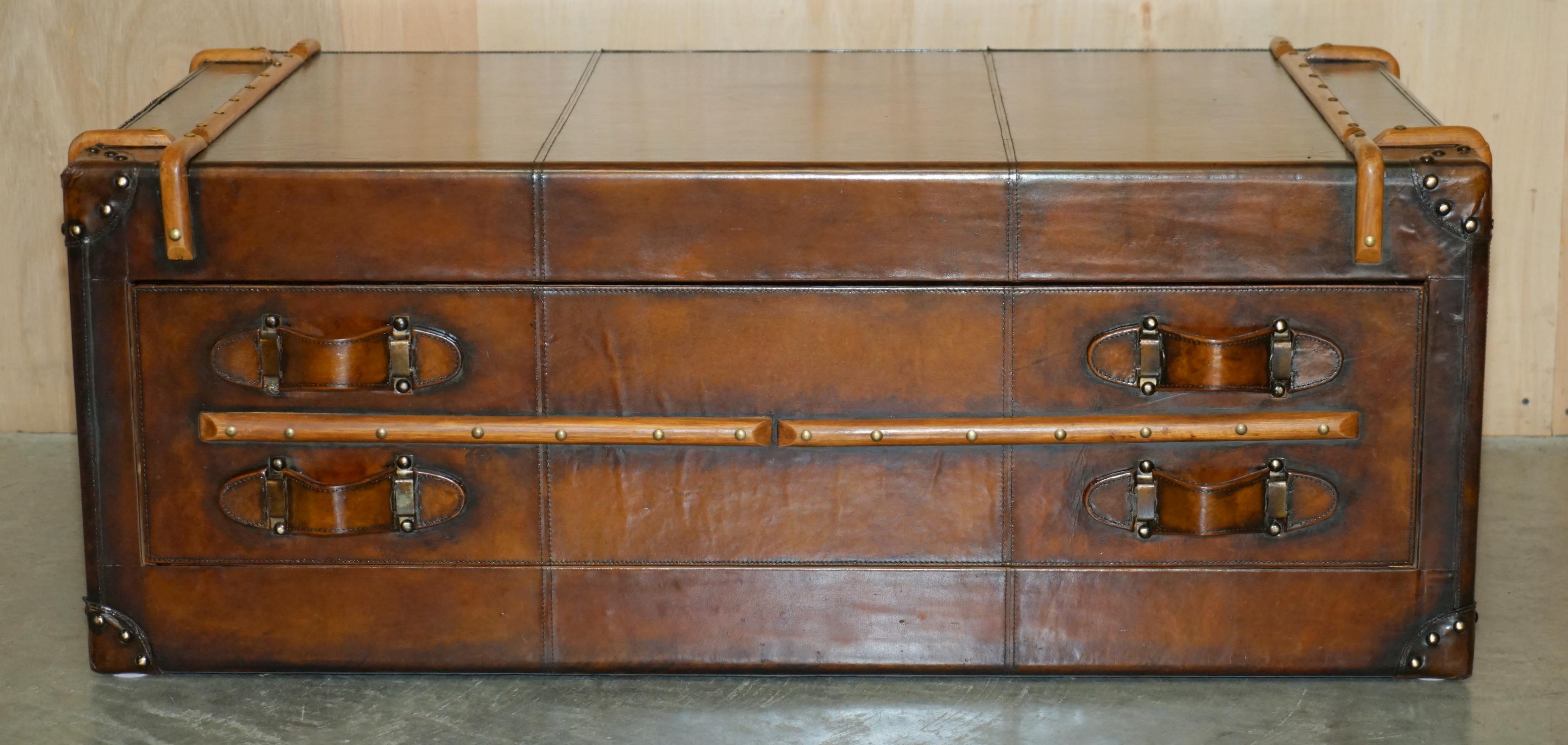 Victorian FULLY RESTORED ViNTAGE HAND DYED BROWN LEATHER STEAMER TRUNK COFFEE TABLE DRAWER