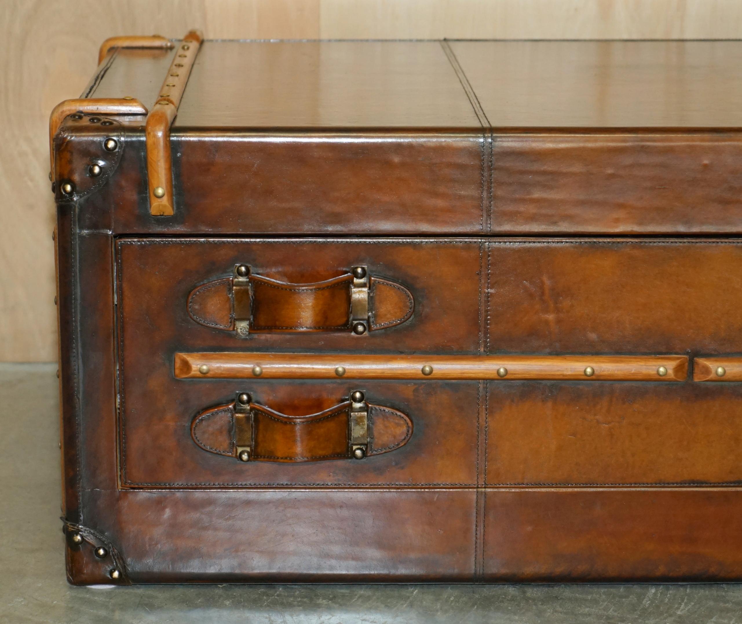English FULLY RESTORED ViNTAGE HAND DYED BROWN LEATHER STEAMER TRUNK COFFEE TABLE DRAWER