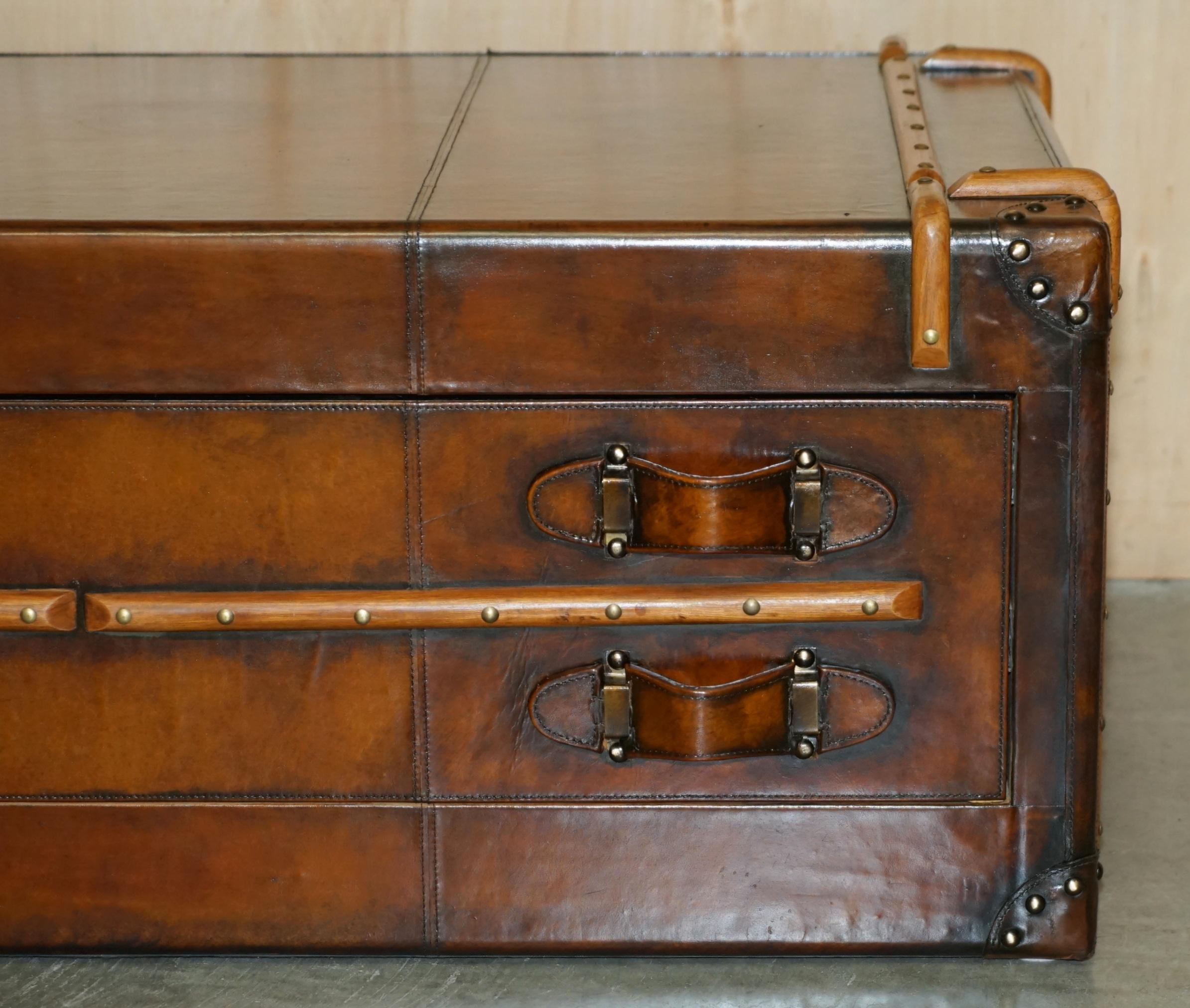 FULLY RESTORED ViNTAGE HAND DYED BROWN LEATHER STEAMER TRUNK COFFEE TABLE DRAWER 1