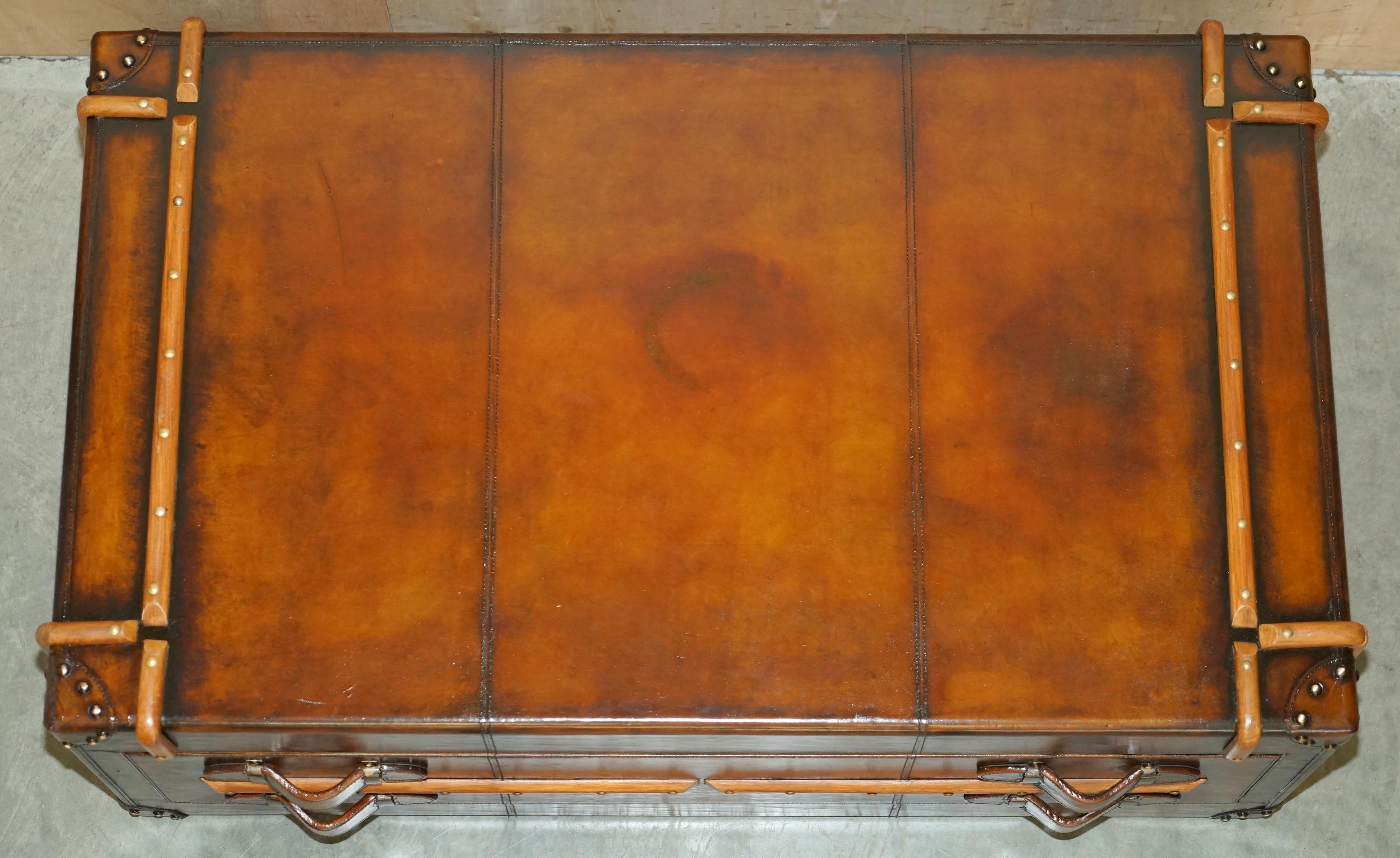 FULLY RESTORED ViNTAGE HAND DYED BROWN LEATHER STEAMER TRUNK COFFEE TABLE DRAWER 2
