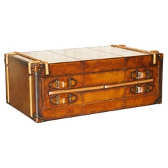 FULLY RESTORED ViNTAGE HAND DYED BROWN LEATHER STEAMER TRUNK COFFEE TABLE DRAWER