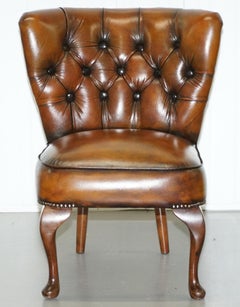 Fully Restored Vintage Hand Dyed Whisky Brown Leather Chesterfield Low Chair