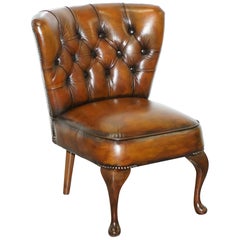 Fully Restored Vintage Hand Dyed Whisky Brown Leather Chesterfield Low Chair