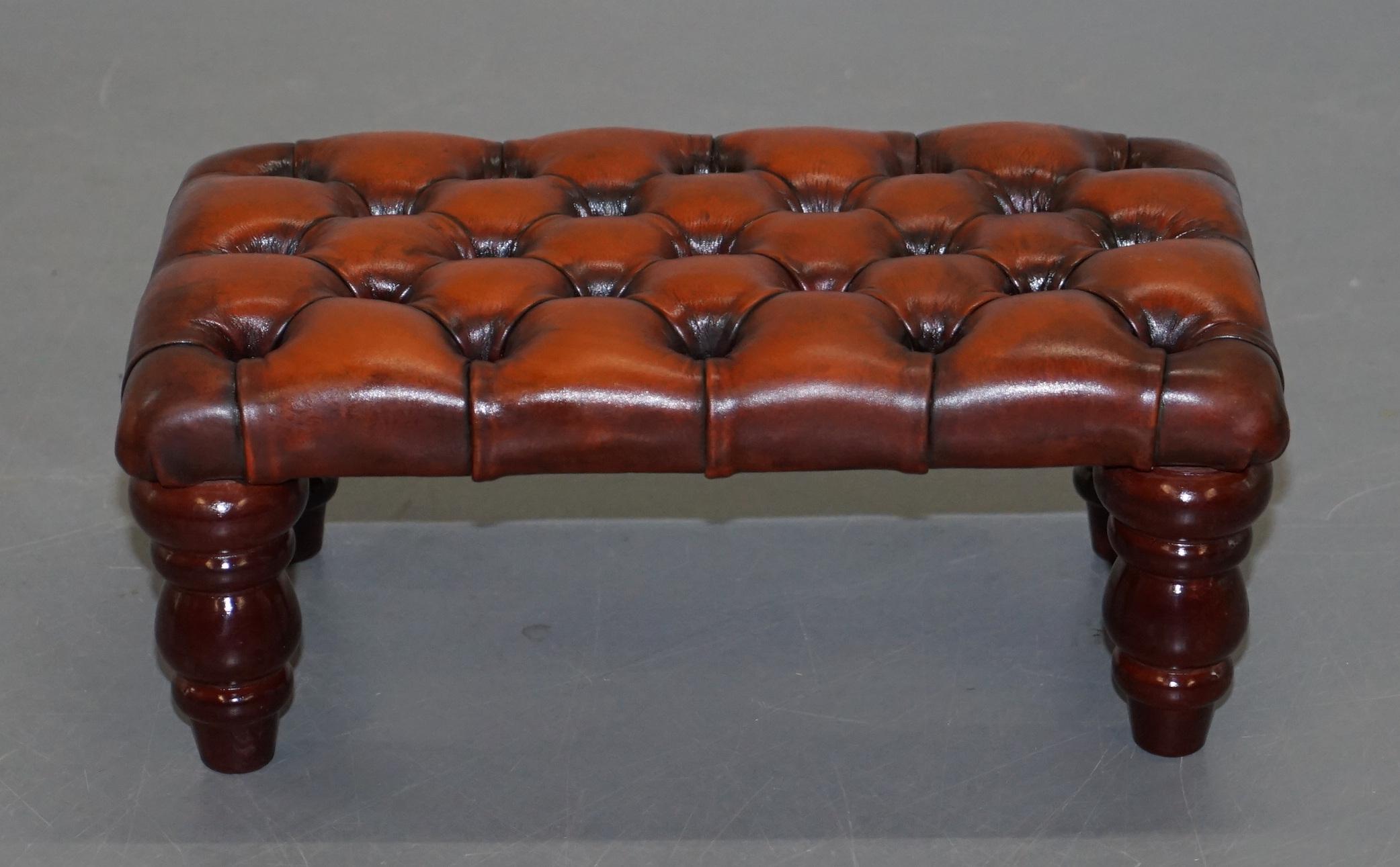 We are delighted to offer for sale this lovely fully restored hand dyed whisky brown leather footstool

A great piece, its a nice size so can slide under wingback chair legs. its been fully restored to include being hand dyed this lovely rich