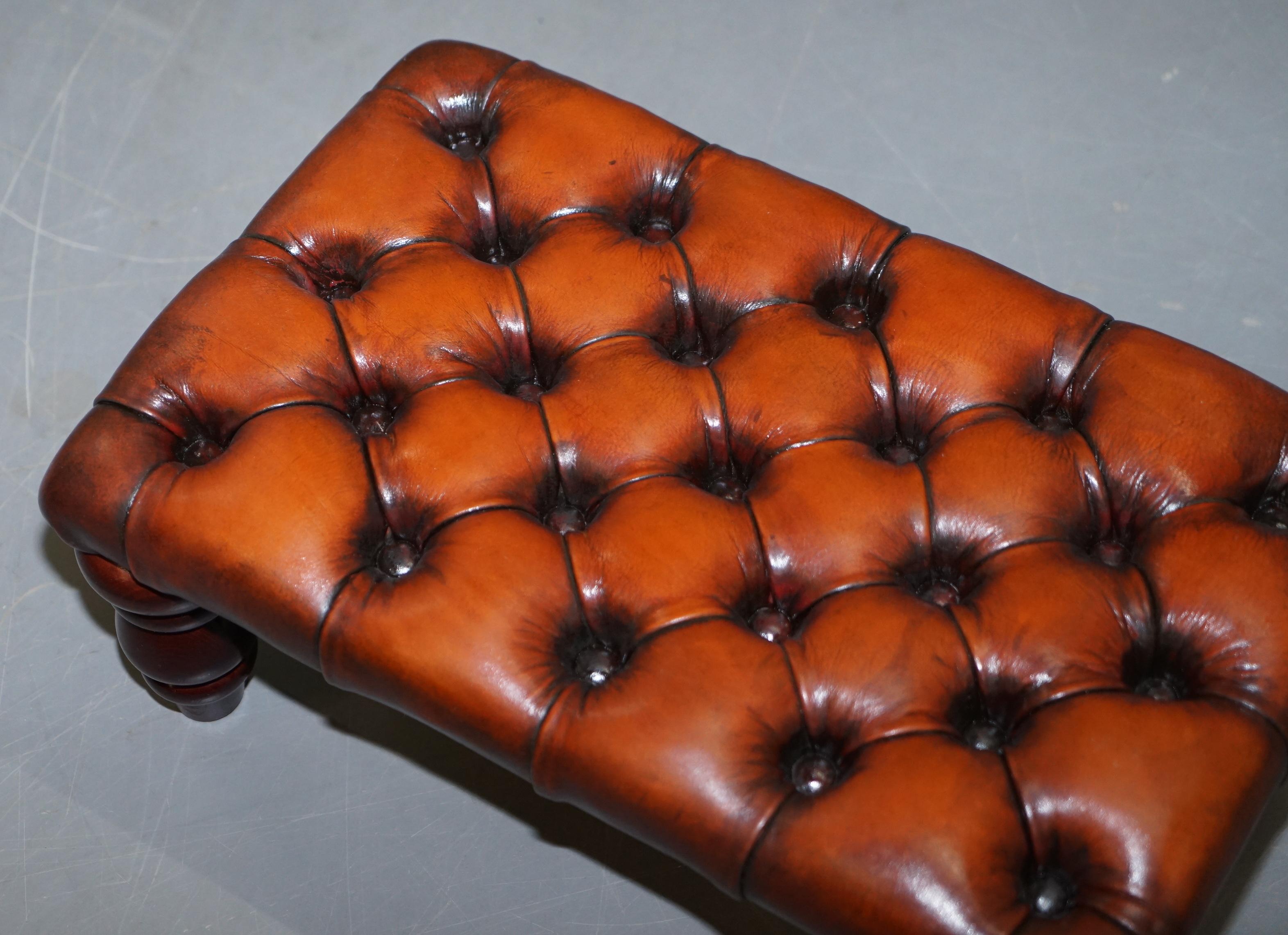 English Fully Restored Vintage Hand Dyed Whisky Brown Leather Small Footstool Lovely