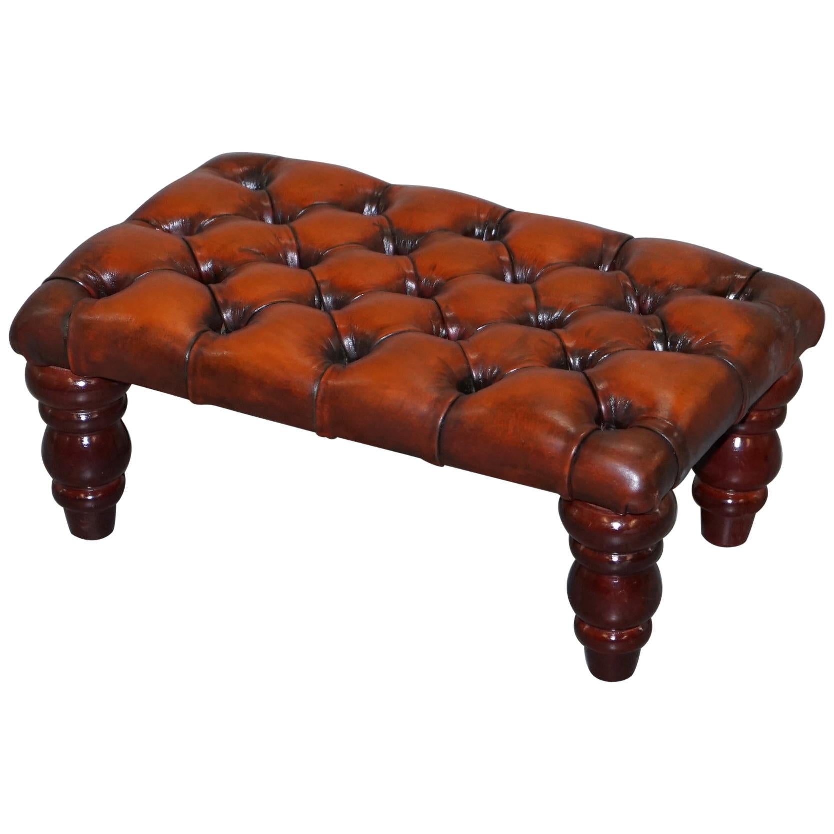 Fully Restored Vintage Hand Dyed Whisky Brown Leather Small Footstool Lovely