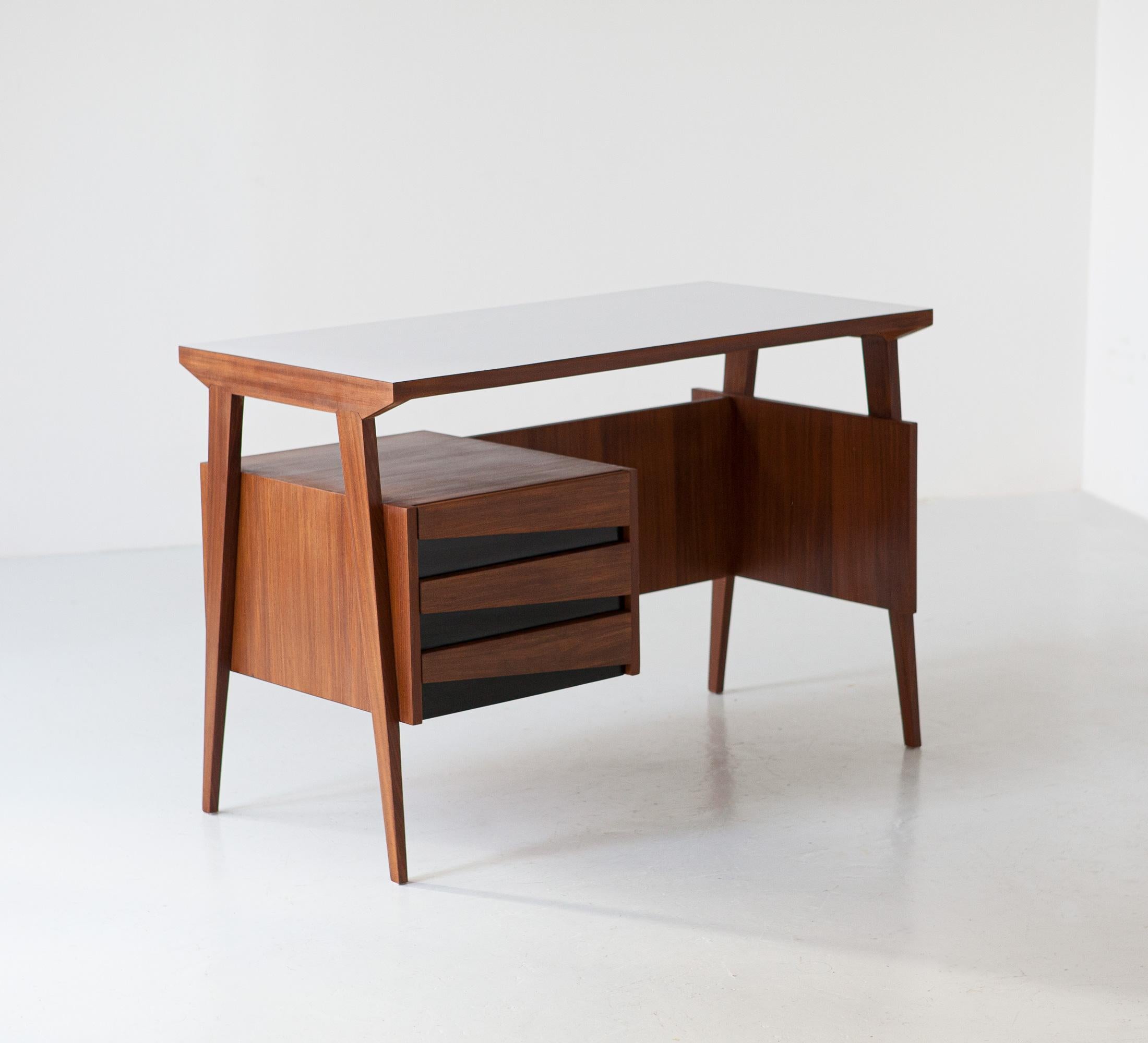 Mid-Century Modern Fully Restored Vintage Italian Desk Table in Teak with 3 Drawers