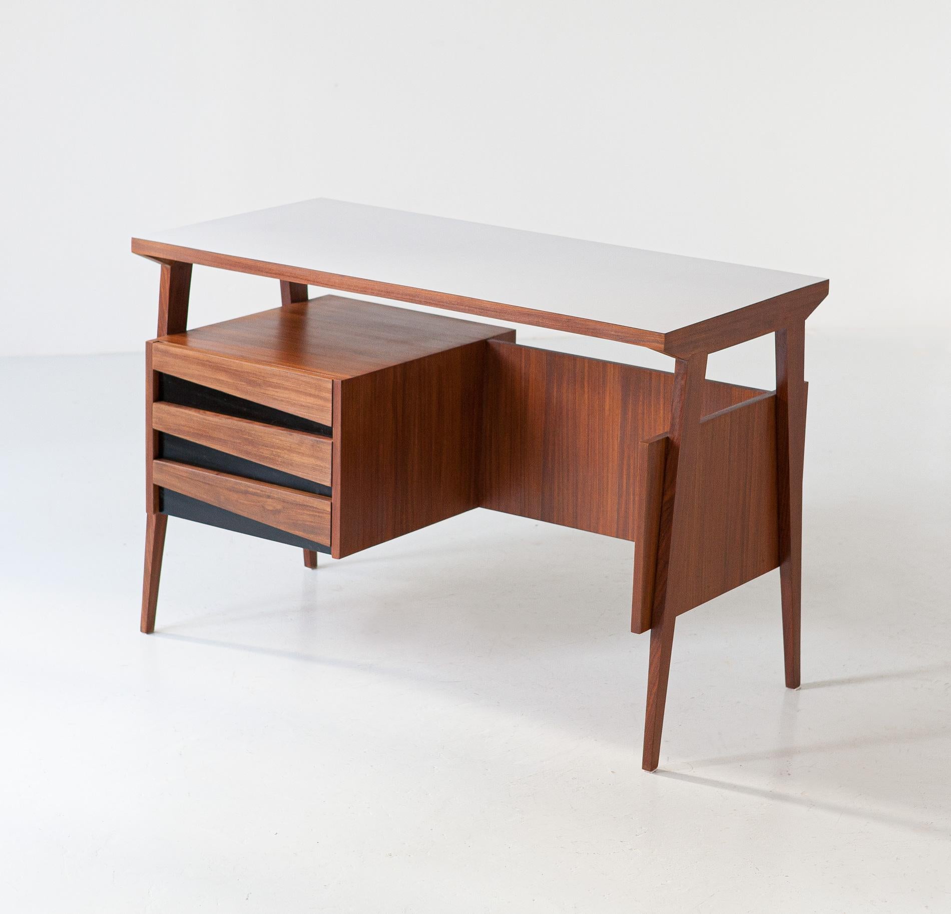 Mid-20th Century Fully Restored Vintage Italian Desk Table in Teak with 3 Drawers