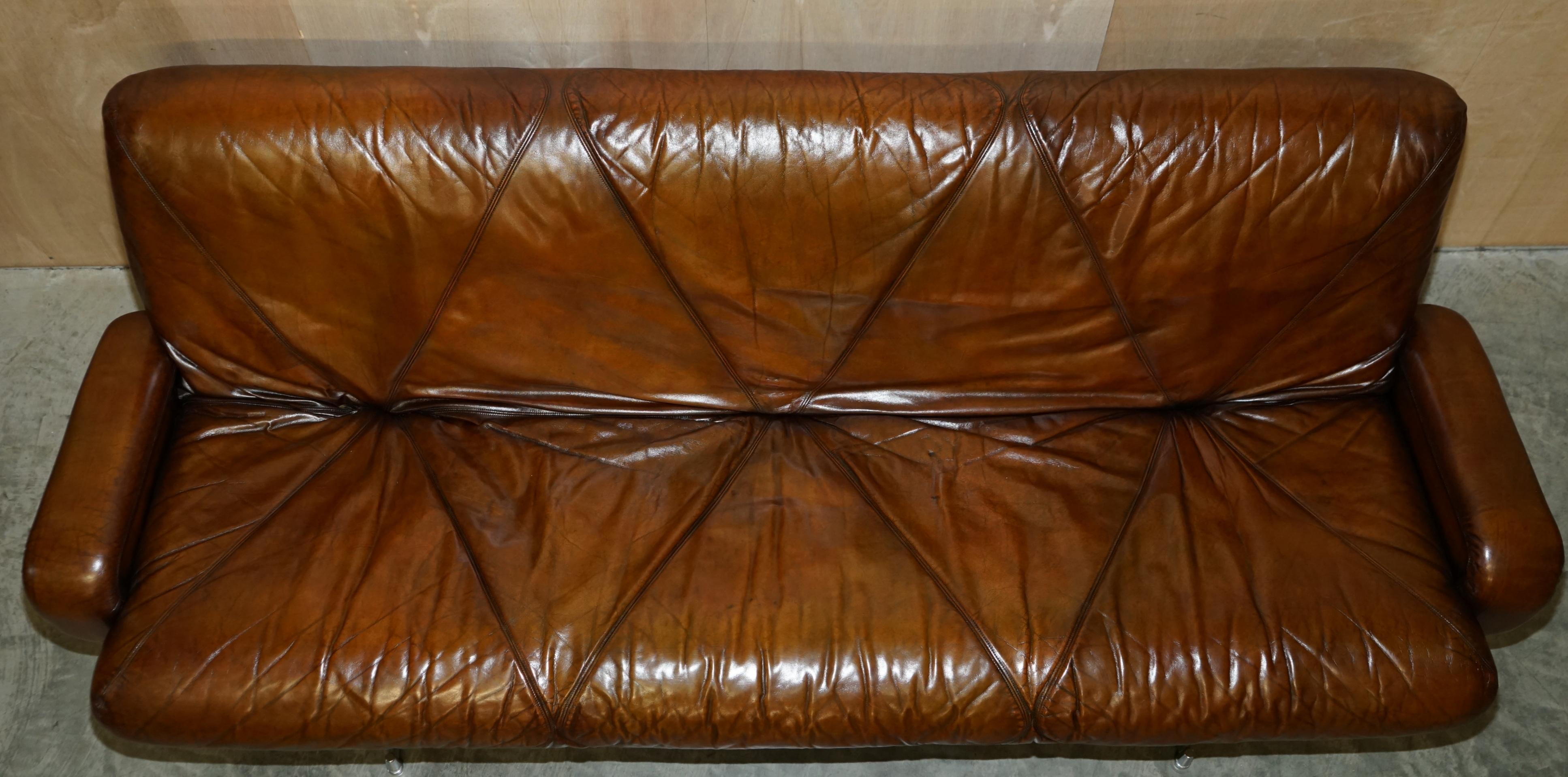 English Fully Restored Vintage Mid-Century Modern Hand Dyed Brown Leather Stylish Sofa For Sale