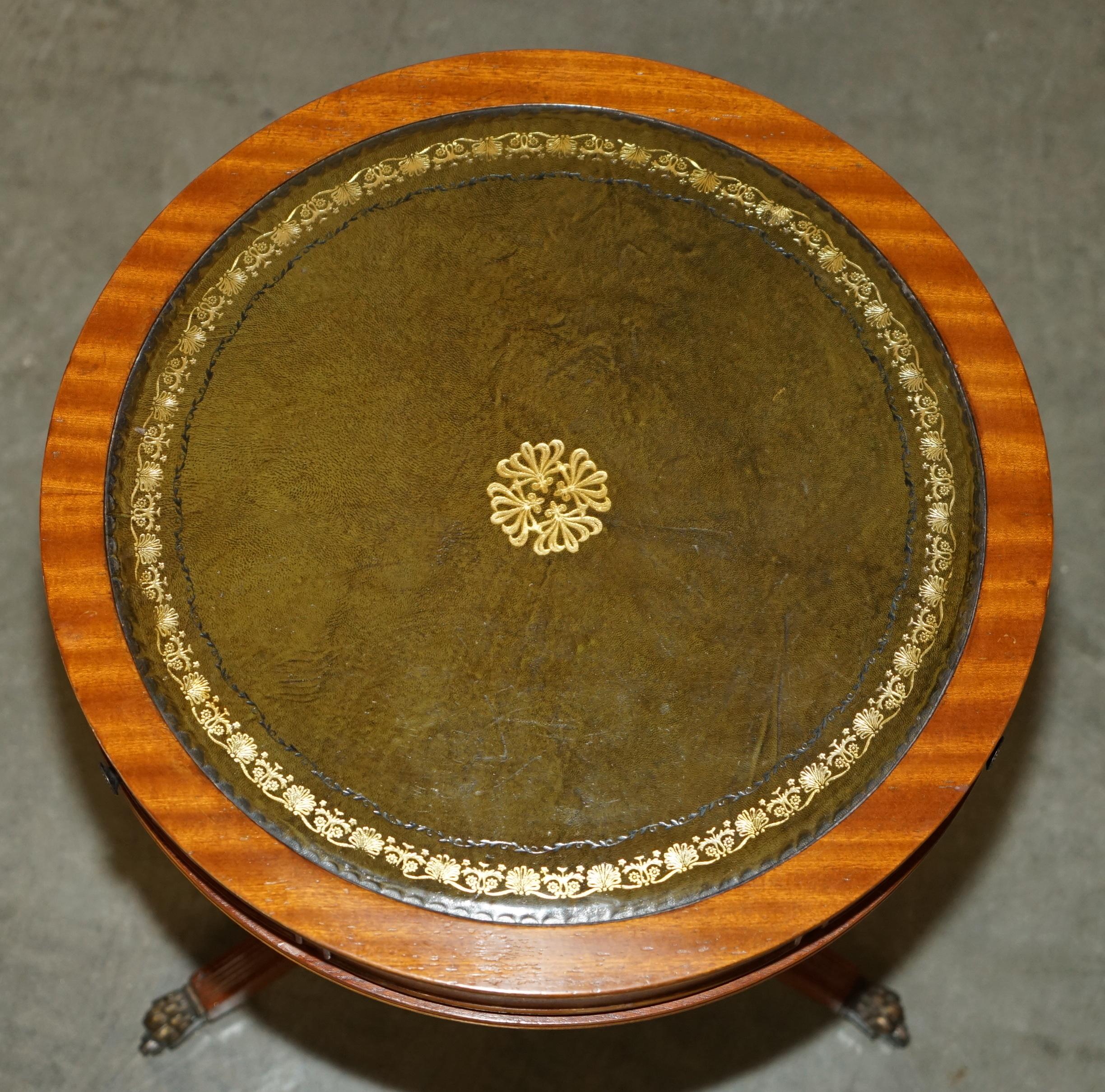 Regency FULLY RESTORED WALNUT GREEN LEATHER SiDE END LAMP WINE DRUM TABLE DRAWERS For Sale