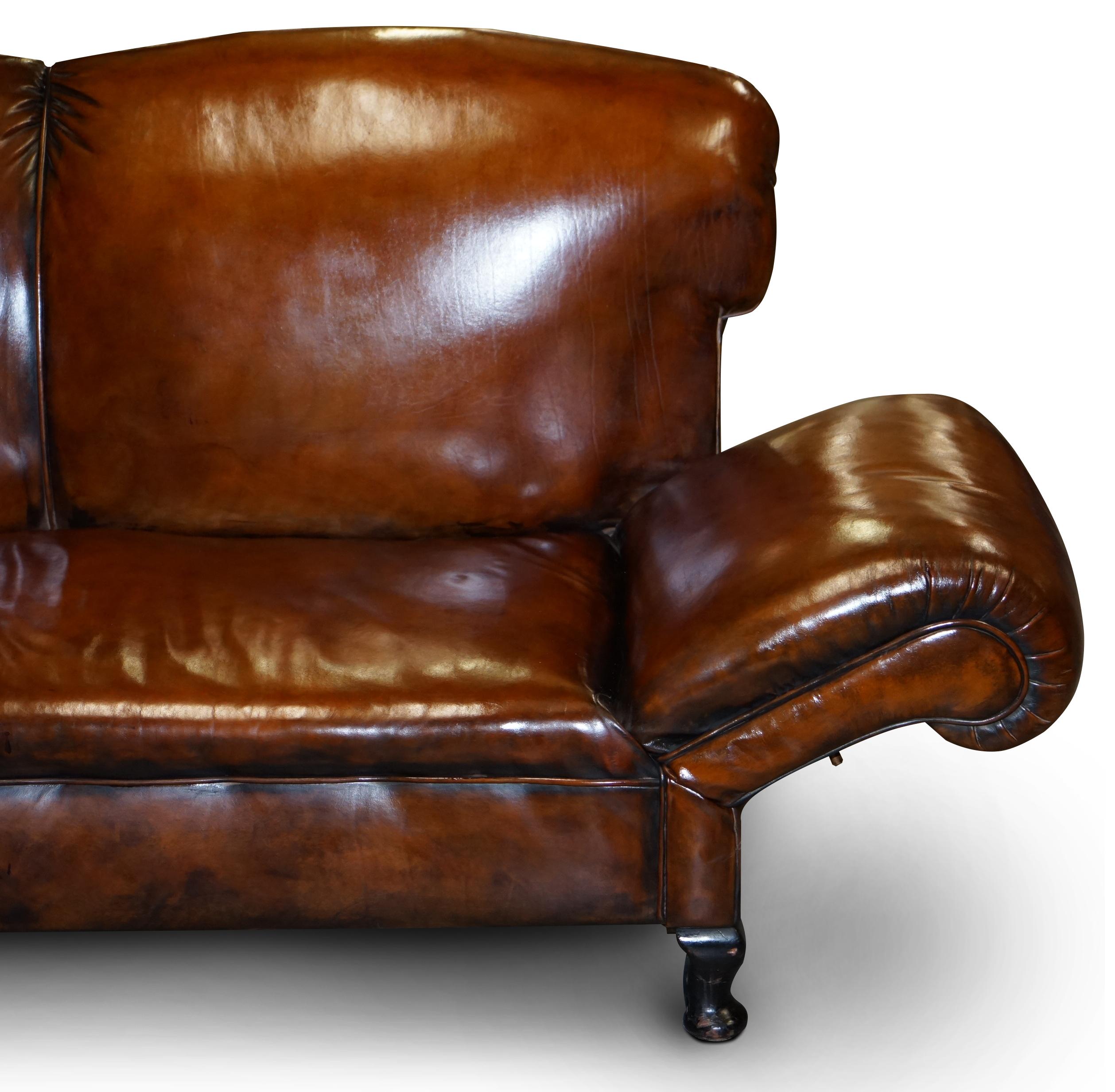 Restaurierte Whisky Brown Leder Drop Arm Chaise Lounge Sofa Pferdehaar gefüllt im Angebot 11