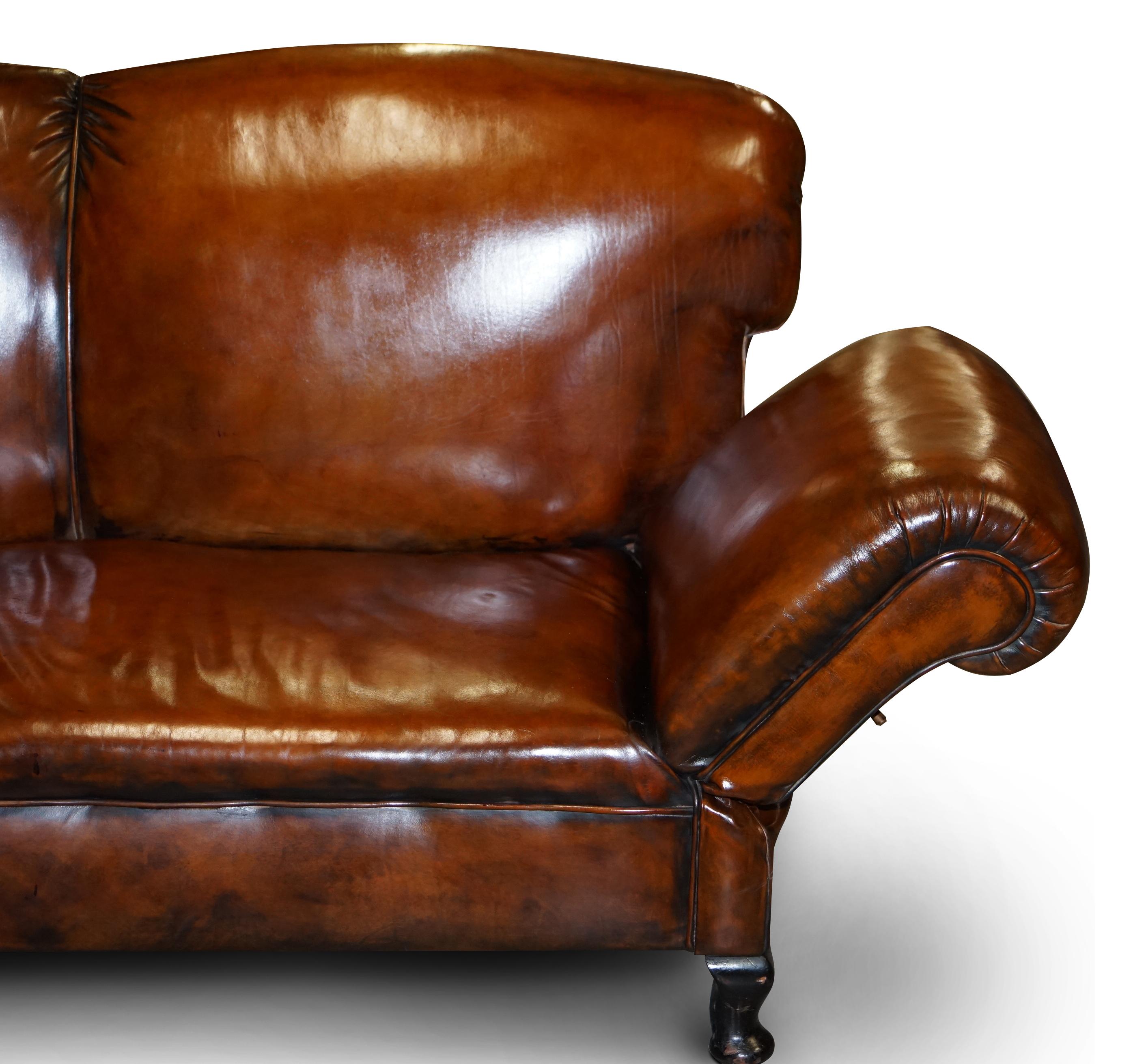 Restaurierte Whisky Brown Leder Drop Arm Chaise Lounge Sofa Pferdehaar gefüllt im Angebot 12