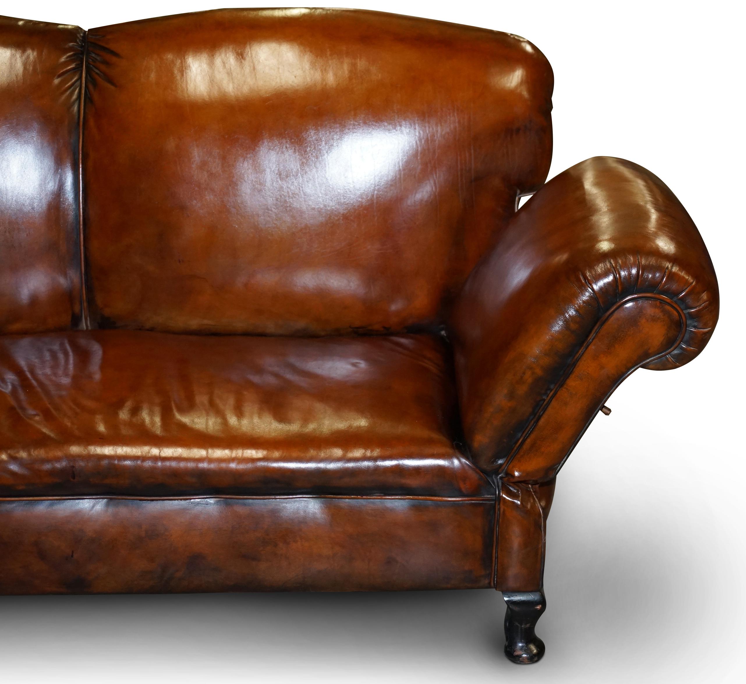 Restaurierte Whisky Brown Leder Drop Arm Chaise Lounge Sofa Pferdehaar gefüllt im Angebot 13
