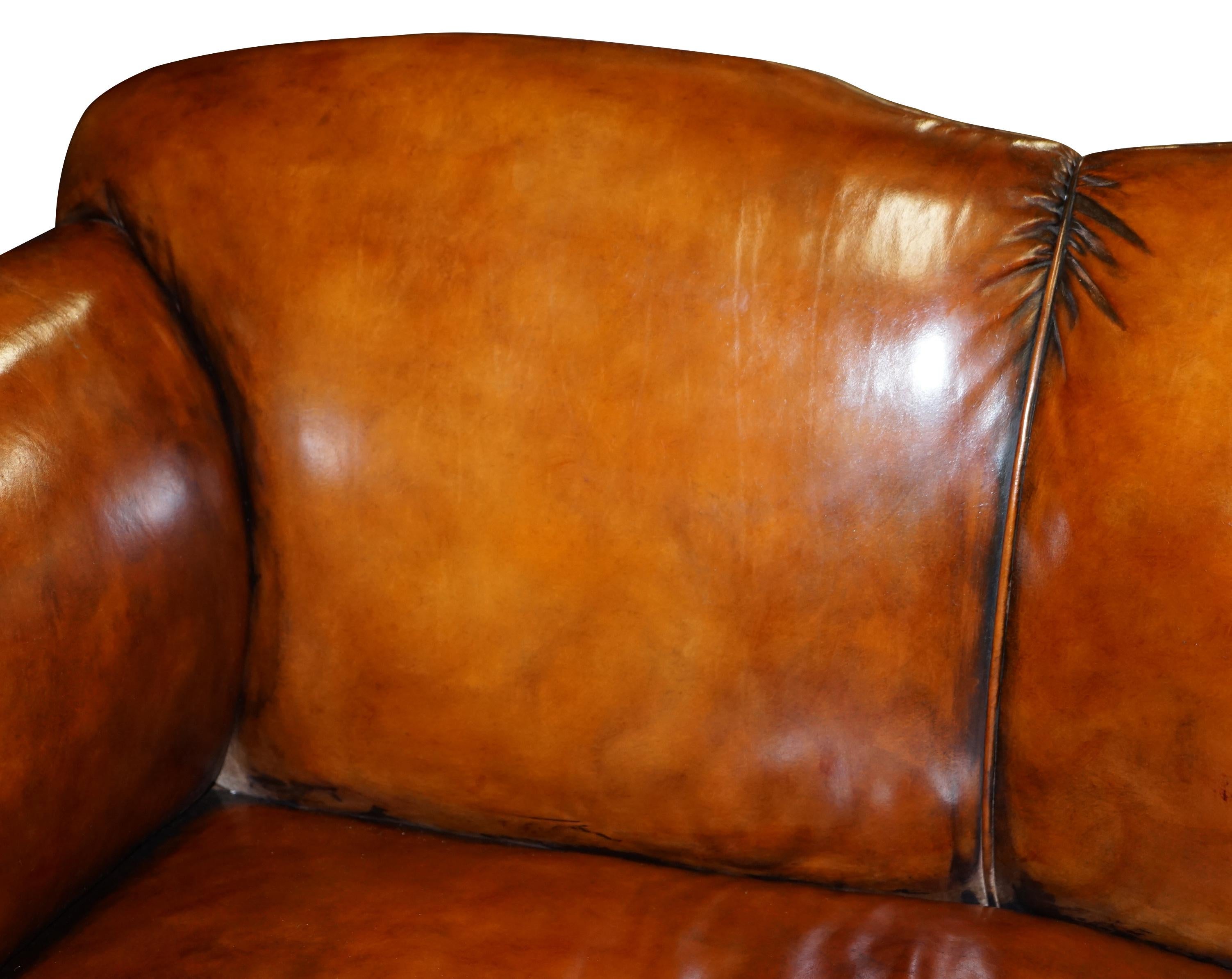 English Fully Restored Whisky Brown Leather Drop Arm Chaise Lounge Sofa Horse Hair Fill For Sale