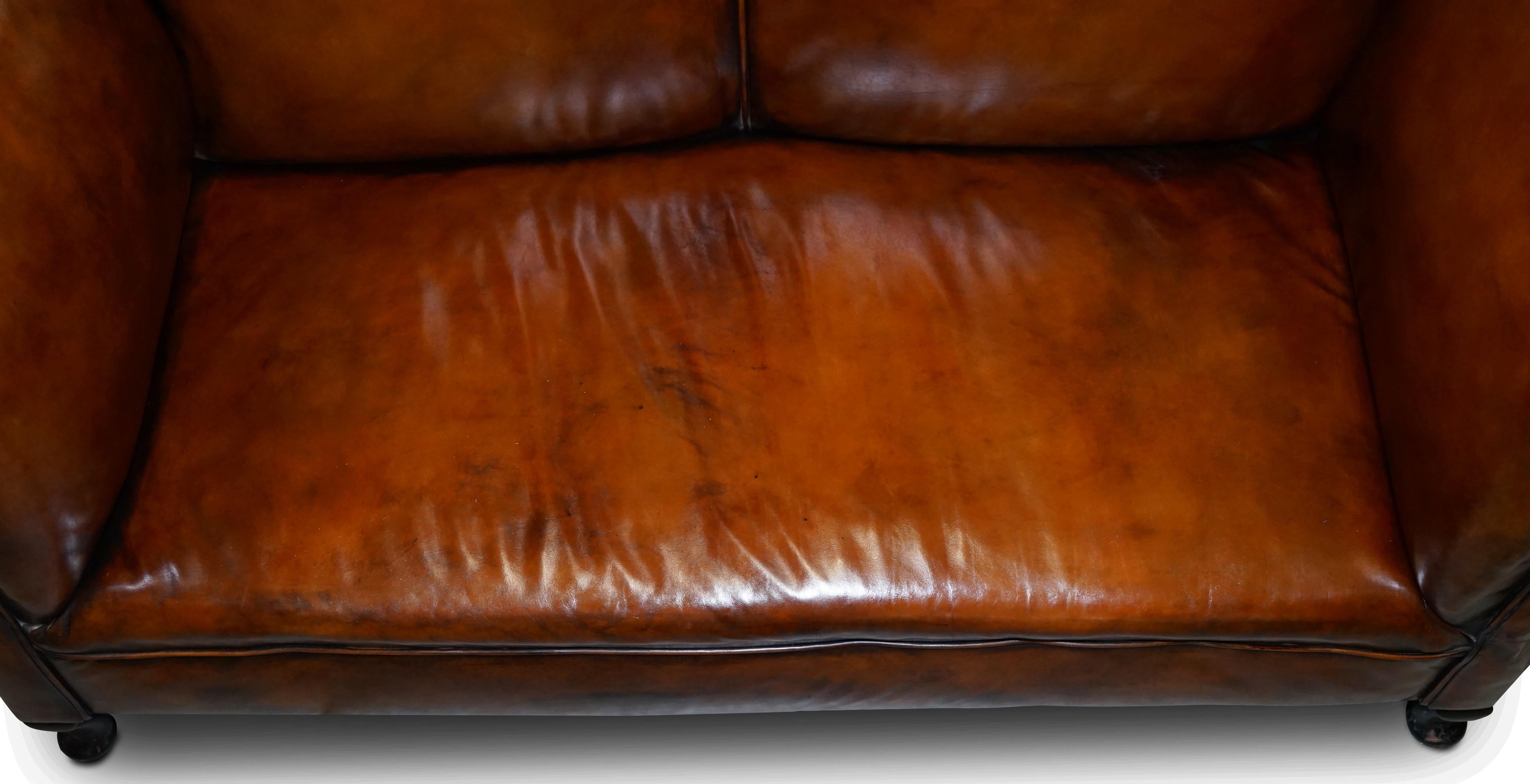19th Century Fully Restored Whisky Brown Leather Drop Arm Chaise Lounge Sofa Horse Hair Fill For Sale