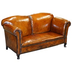 Used Fully Restored Whisky Brown Leather Drop Arm Chaise Lounge Sofa Horse Hair Fill