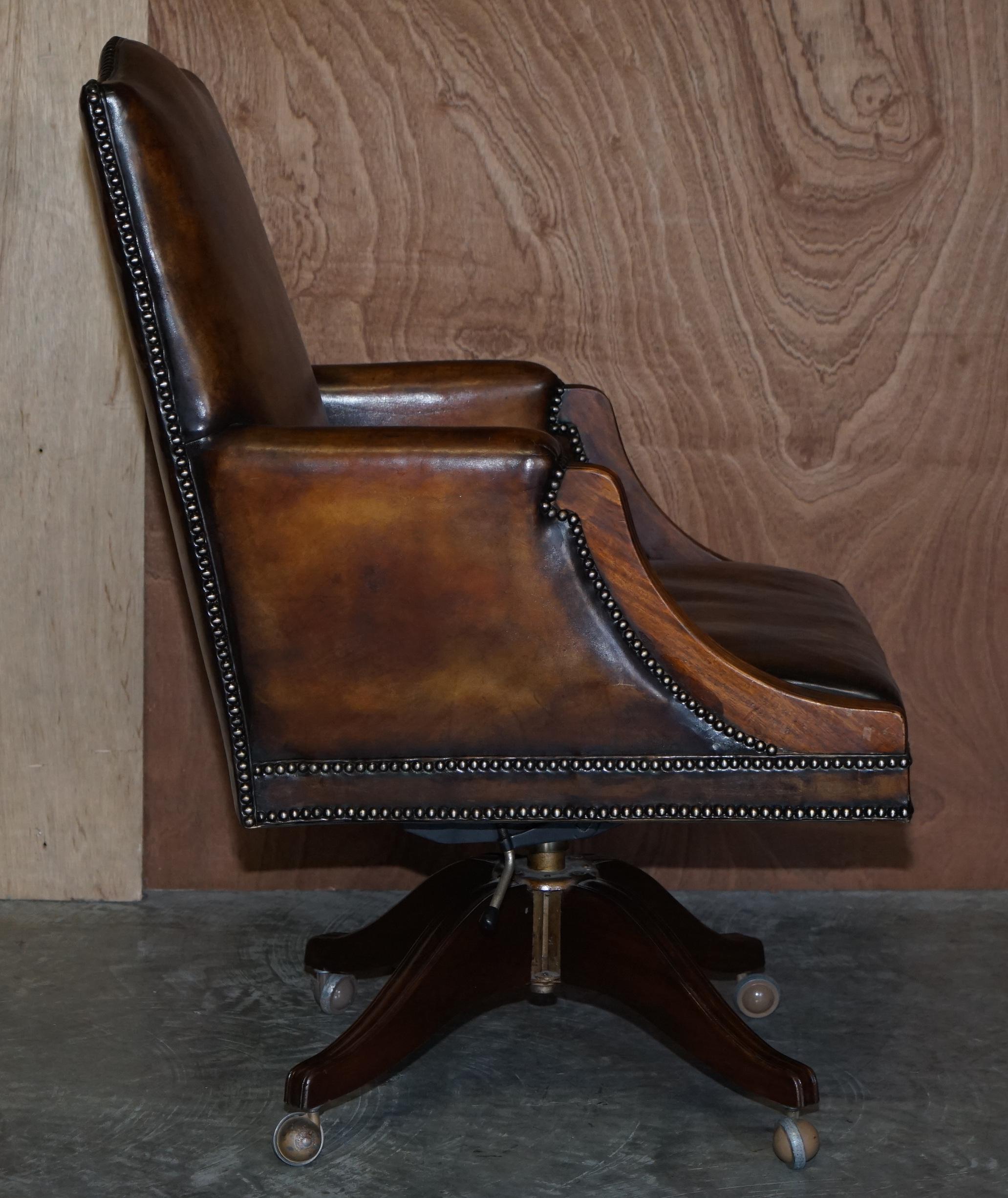 Fully Restored Whisky Brown Leather Oak Framed Captains Directors Armchair 5