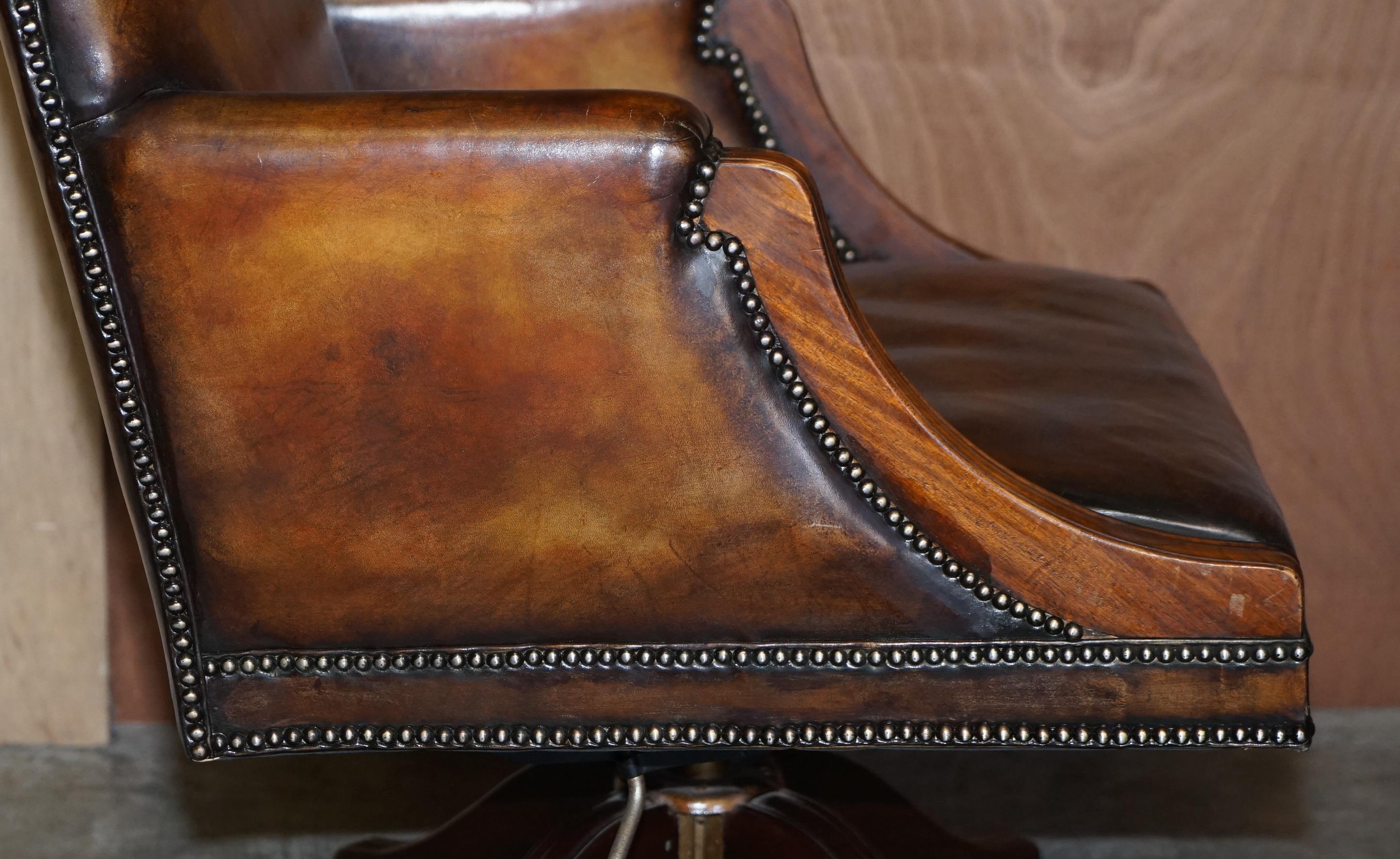 Fully Restored Whisky Brown Leather Oak Framed Captains Directors Armchair 6