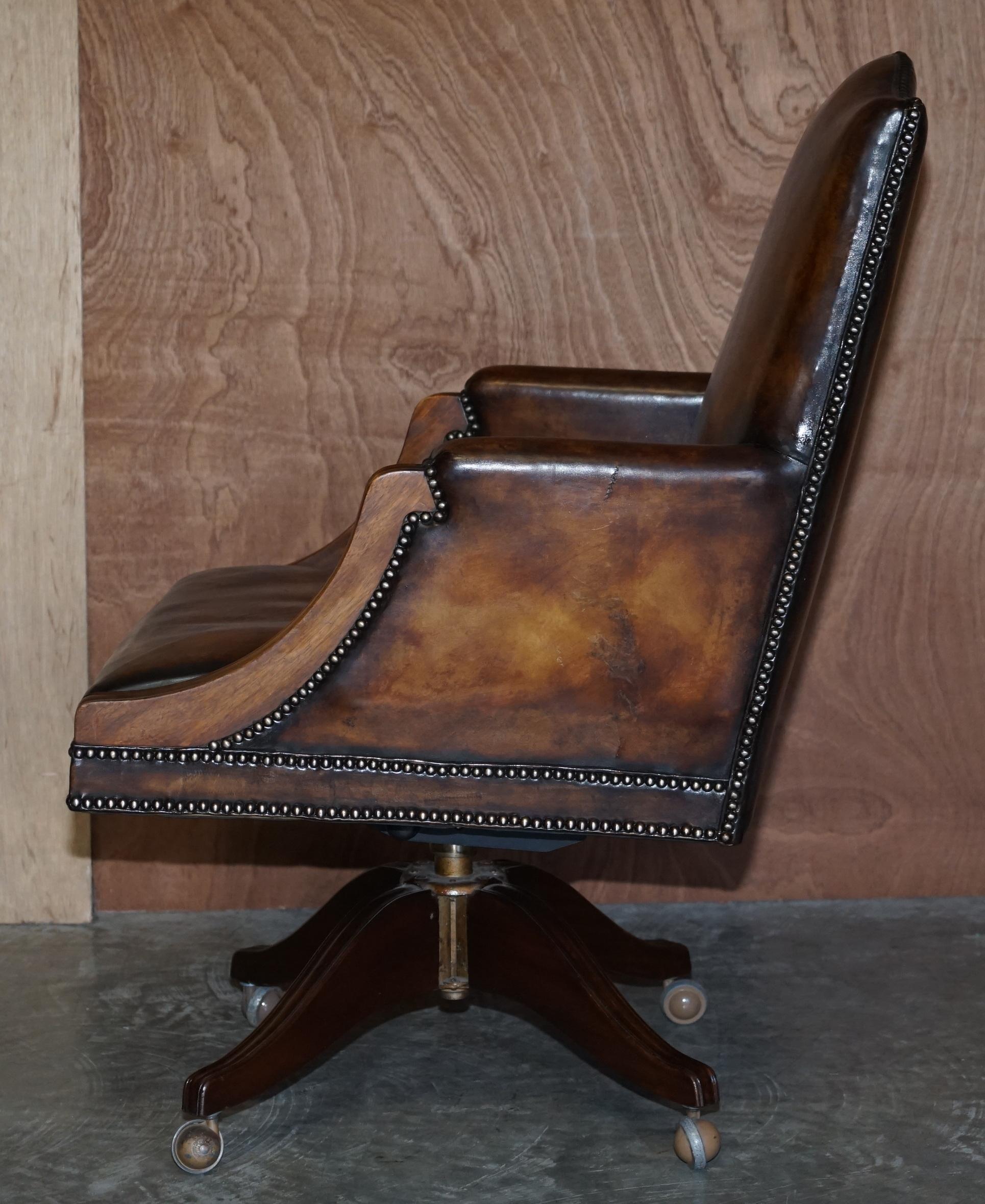 Fully Restored Whisky Brown Leather Oak Framed Captains Directors Armchair 9