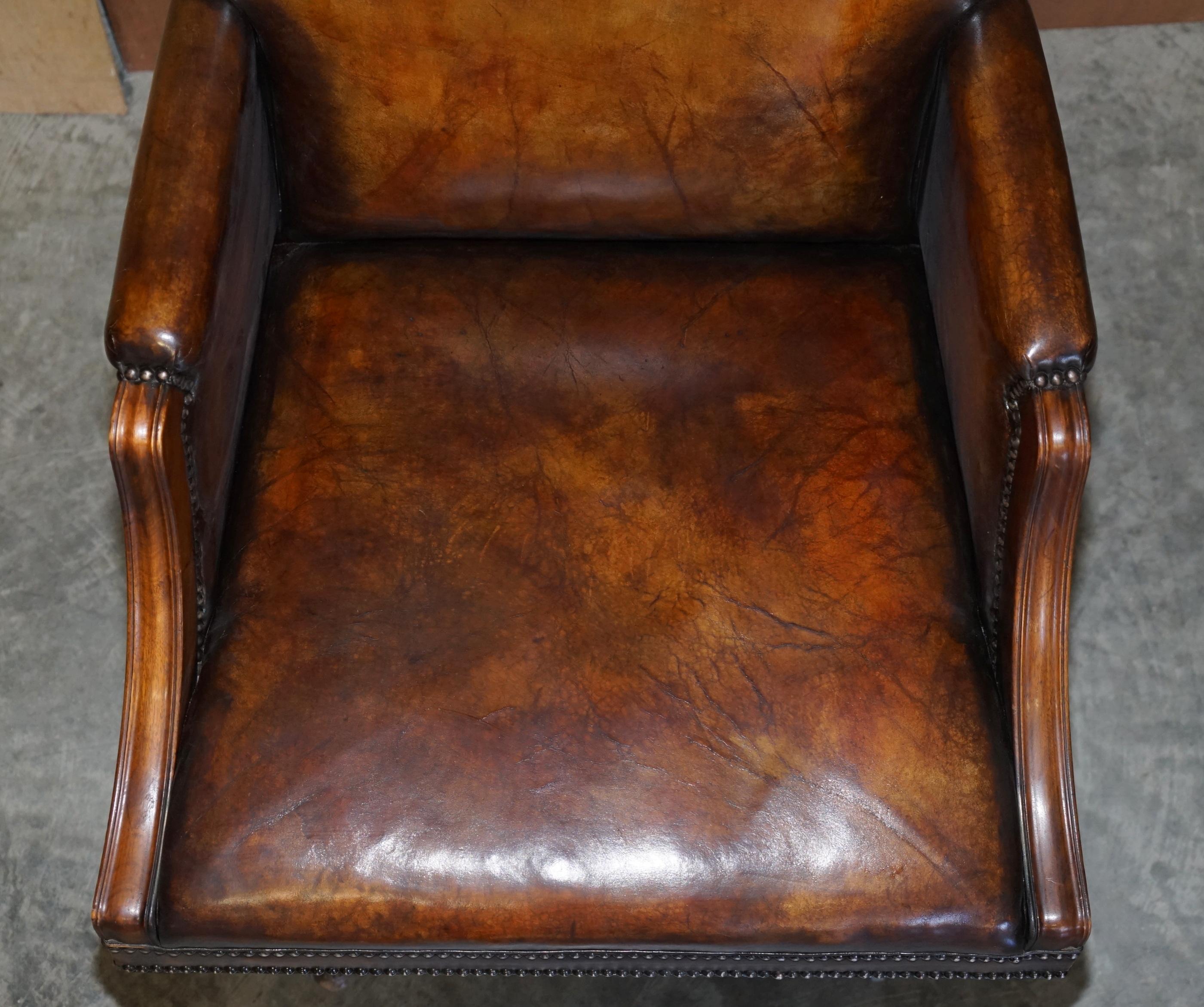 English Fully Restored Whisky Brown Leather Oak Framed Captains Directors Armchair