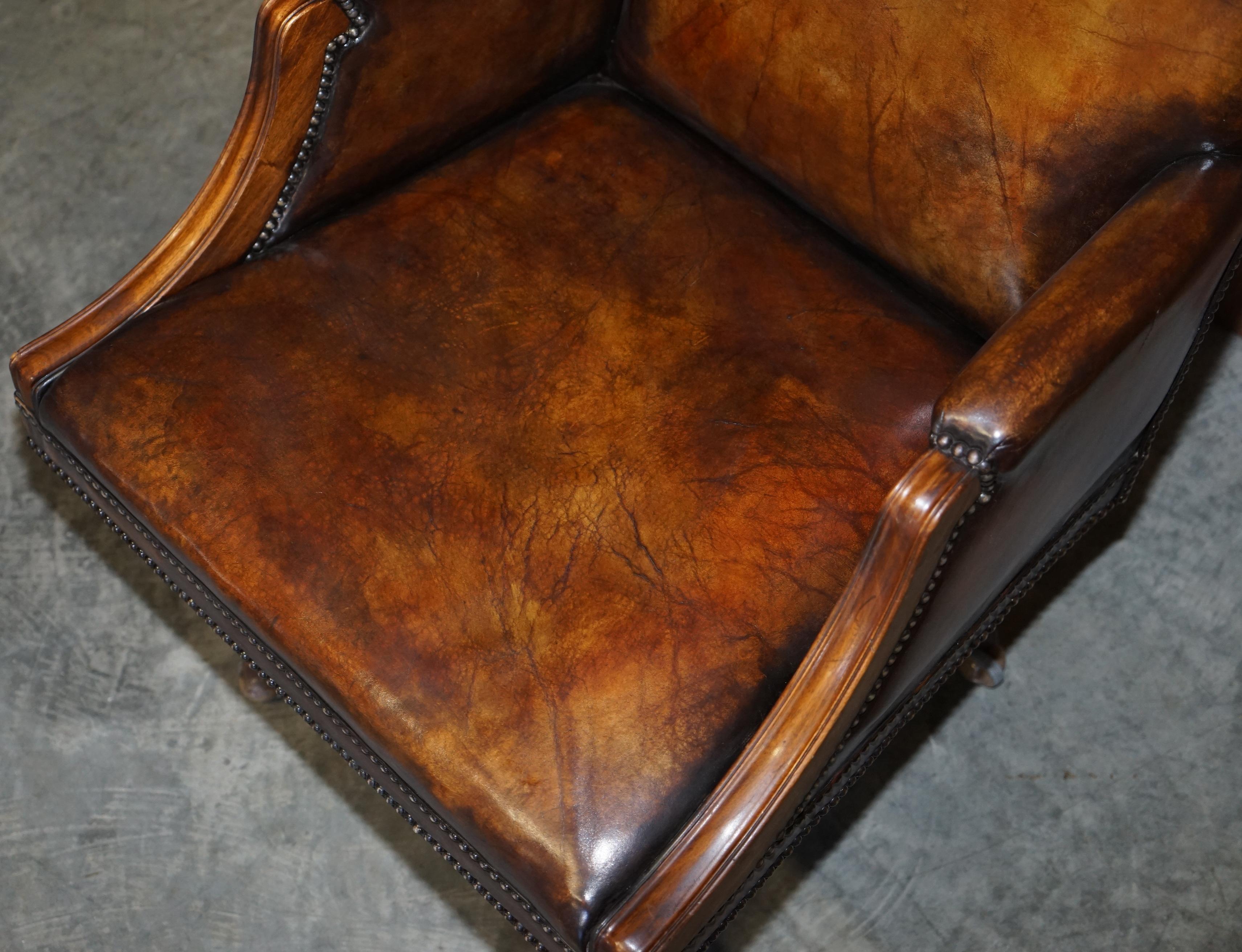 Hand-Crafted Fully Restored Whisky Brown Leather Oak Framed Captains Directors Armchair