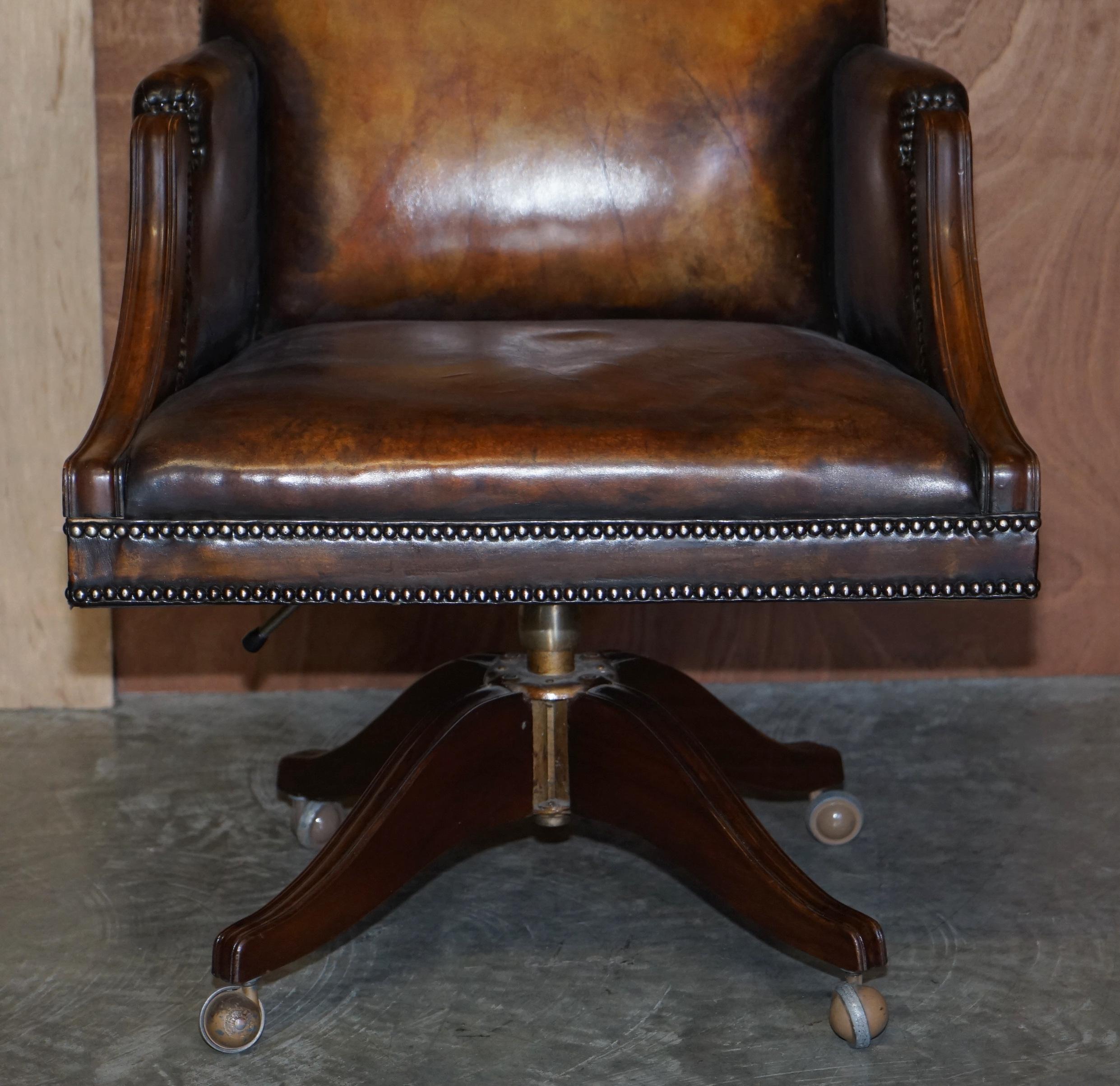 Fully Restored Whisky Brown Leather Oak Framed Captains Directors Armchair 2