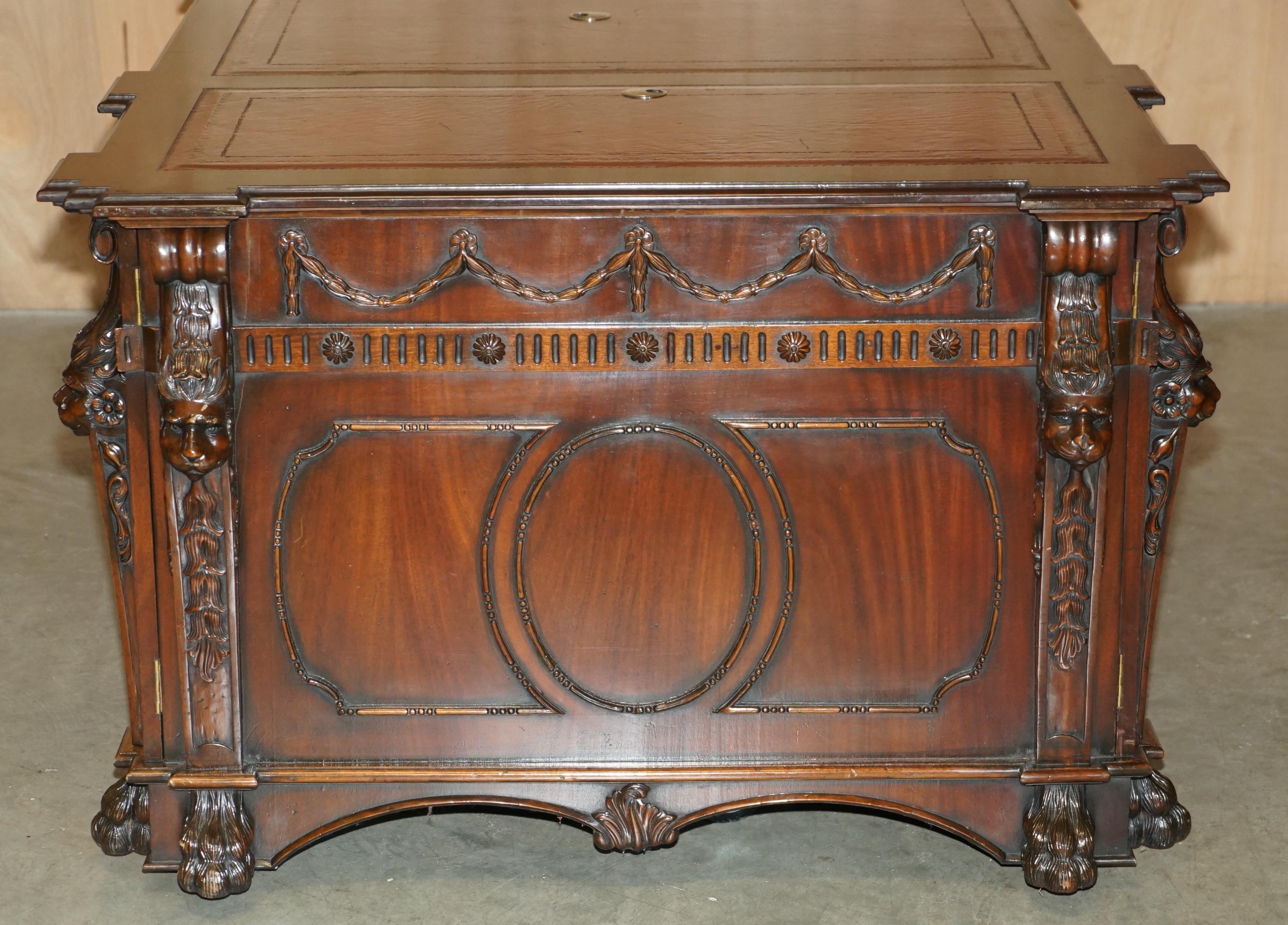 FULLY RESTPORED THOMAS CHiPPENDALE LIONS HEAD CARVED TWIN PEDESTAL PARTNER DESK For Sale 10