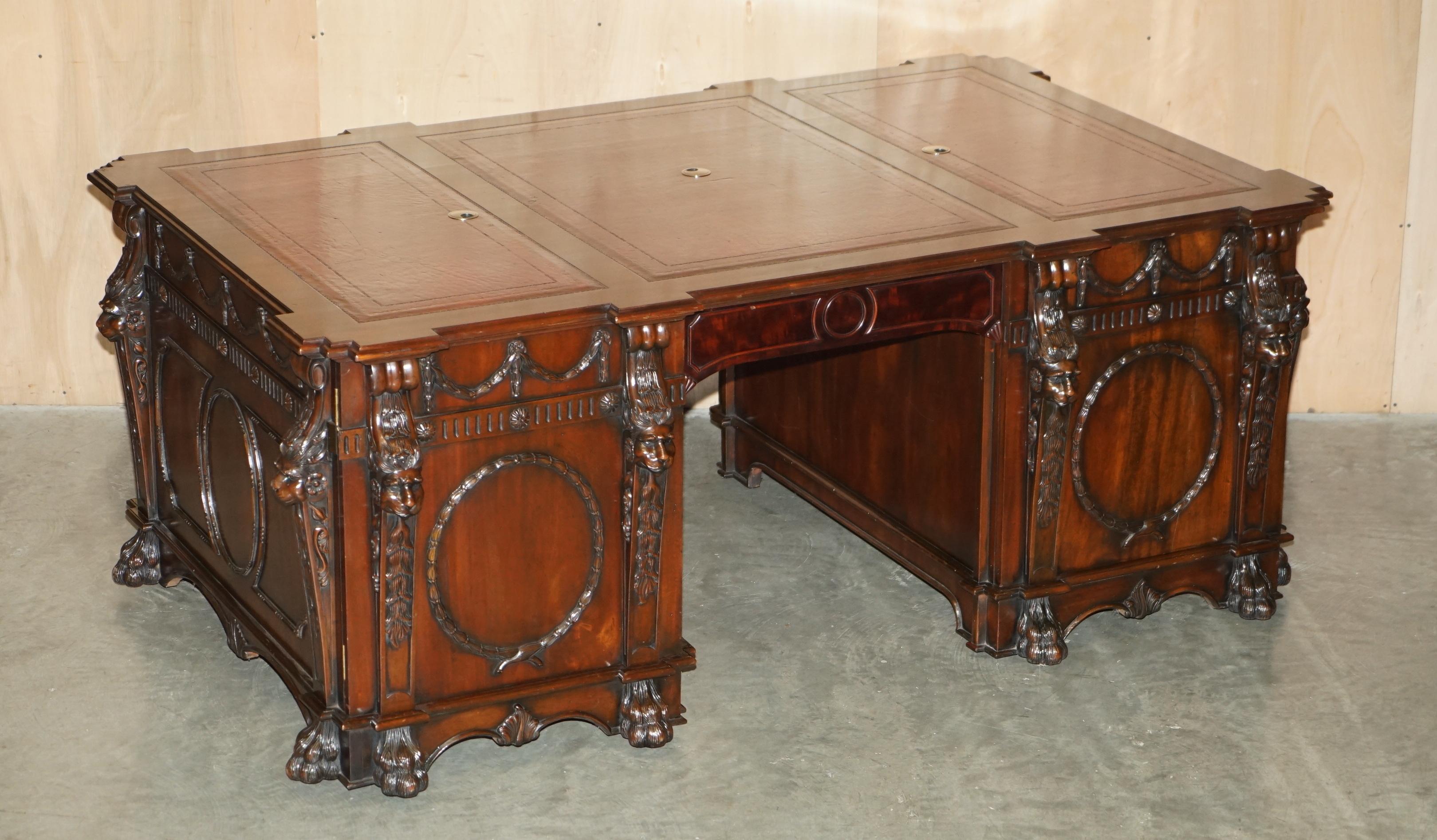 Chippendale FULLY RESTPORED THOMAS CHiPPENDALE LIONS HEAD CARVED TWIN PEDESTAL PARTNER DESK For Sale