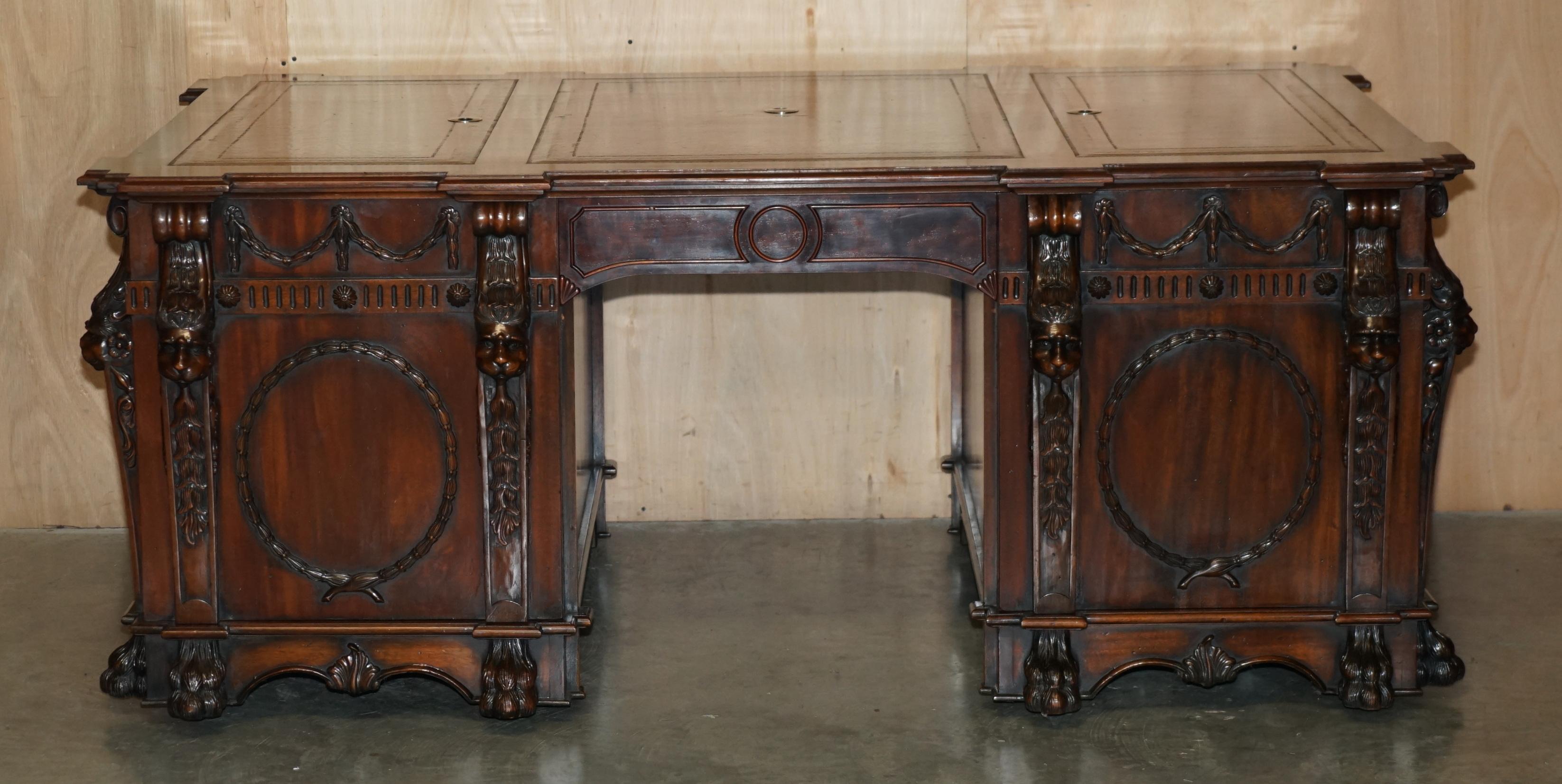 English FULLY RESTPORED THOMAS CHiPPENDALE LIONS HEAD CARVED TWIN PEDESTAL PARTNER DESK For Sale