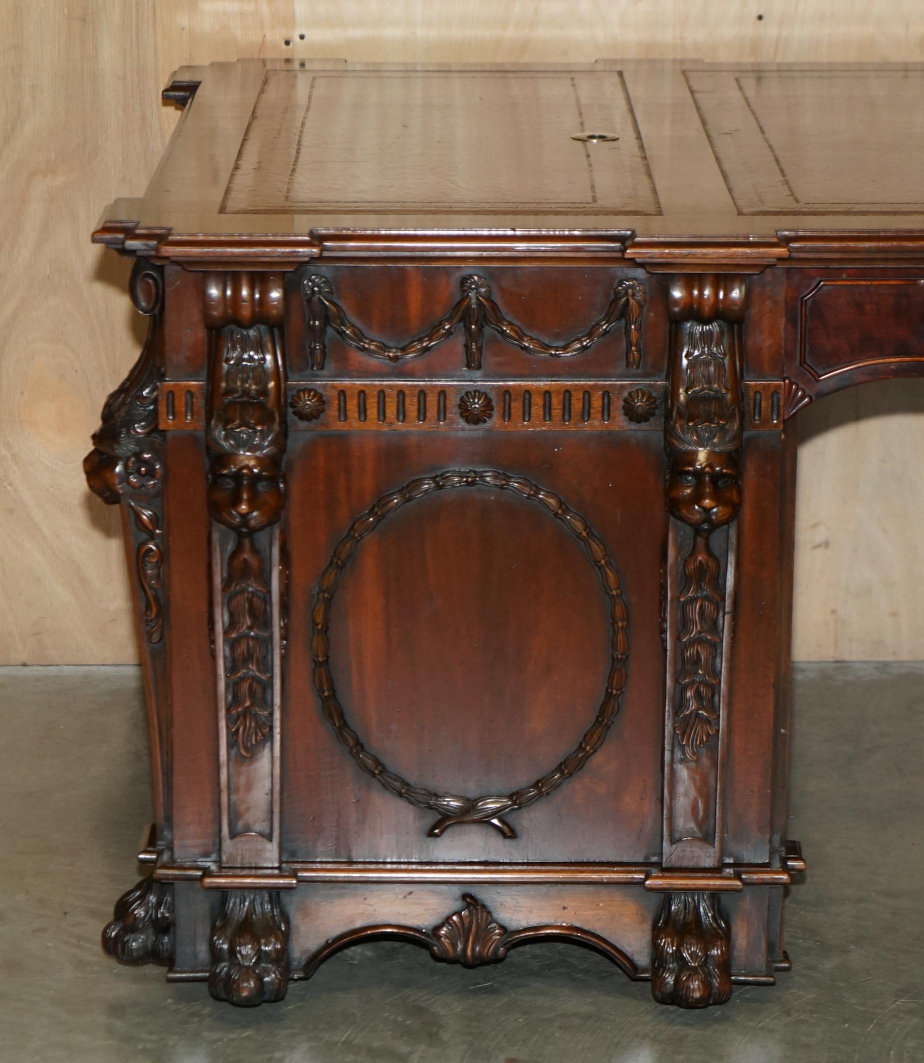 Hand-Carved FULLY RESTPORED THOMAS CHiPPENDALE LIONS HEAD CARVED TWIN PEDESTAL PARTNER DESK For Sale
