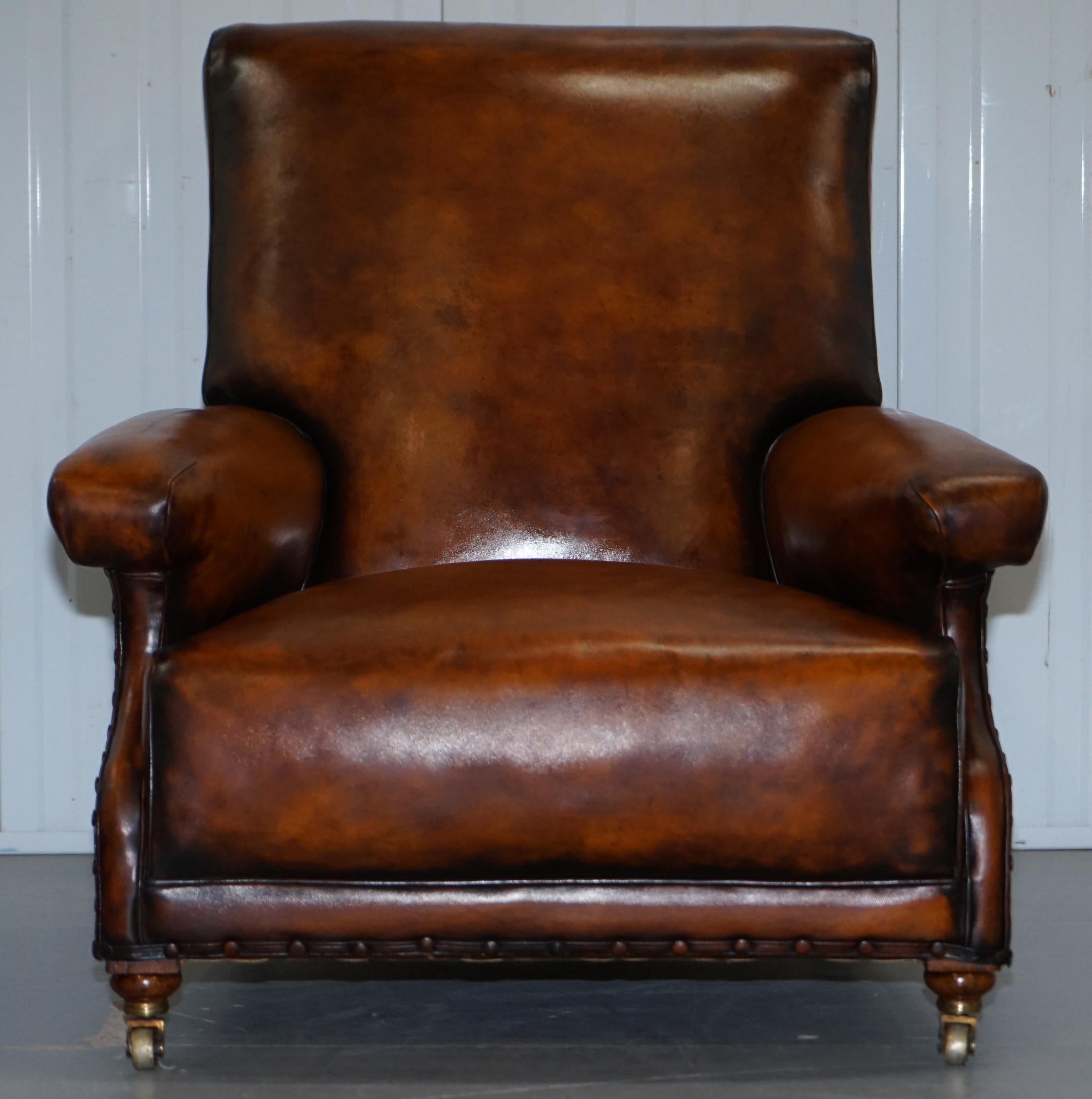 English Fully Stamped Original Victorian Walnut & Brown Leather Howard & Son's Armchair