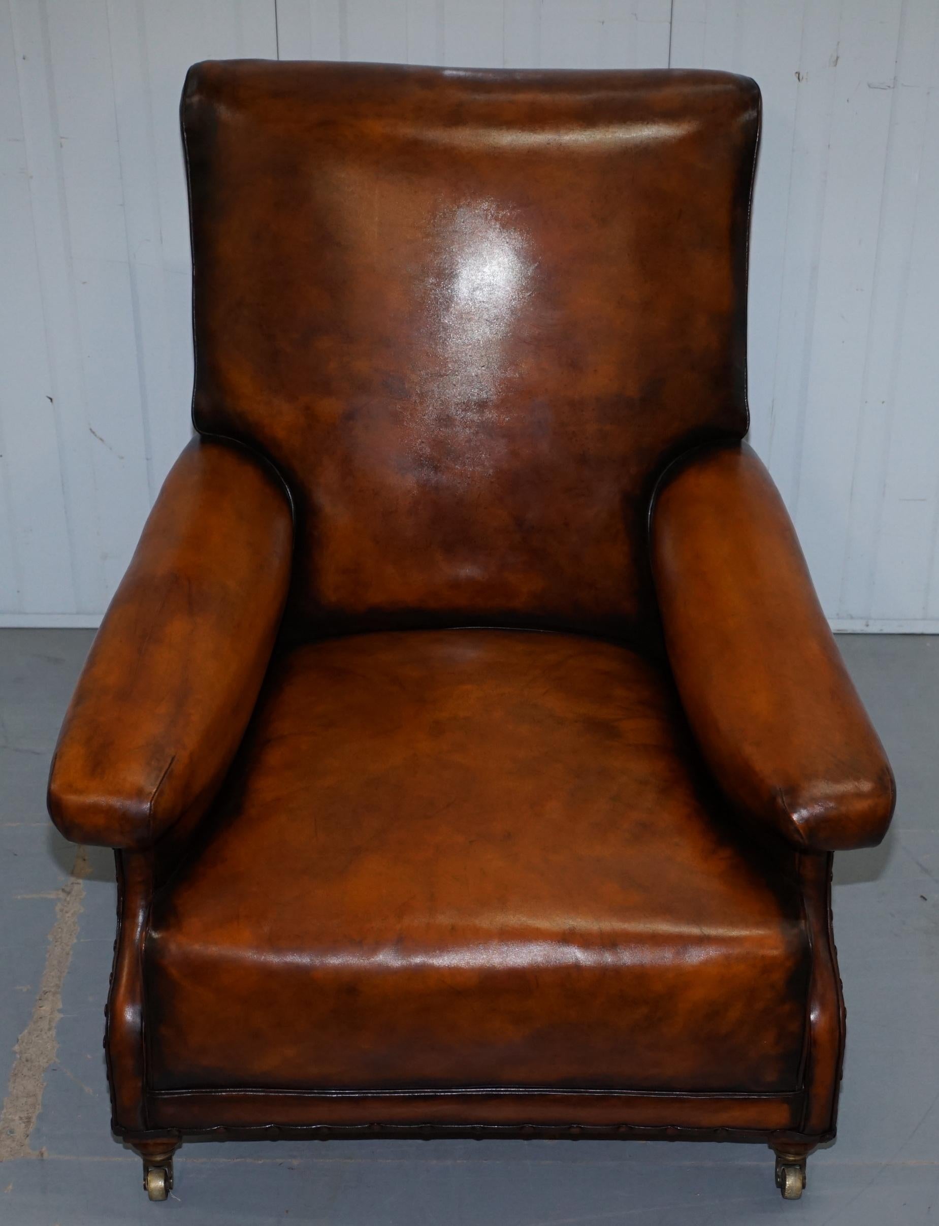 Hand-Crafted Fully Stamped Original Victorian Walnut & Brown Leather Howard & Son's Armchair