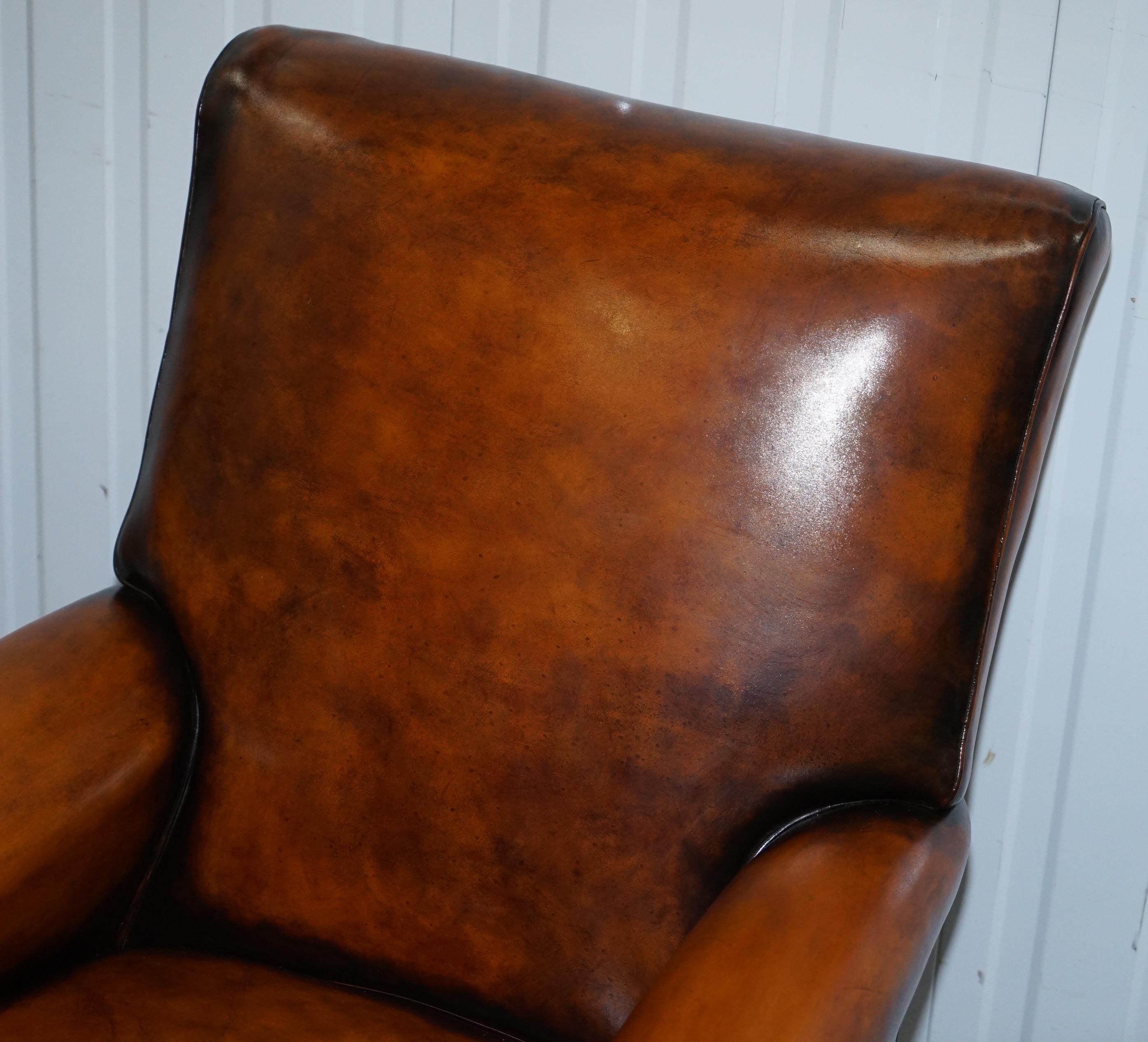 19th Century Fully Stamped Original Victorian Walnut & Brown Leather Howard & Son's Armchair