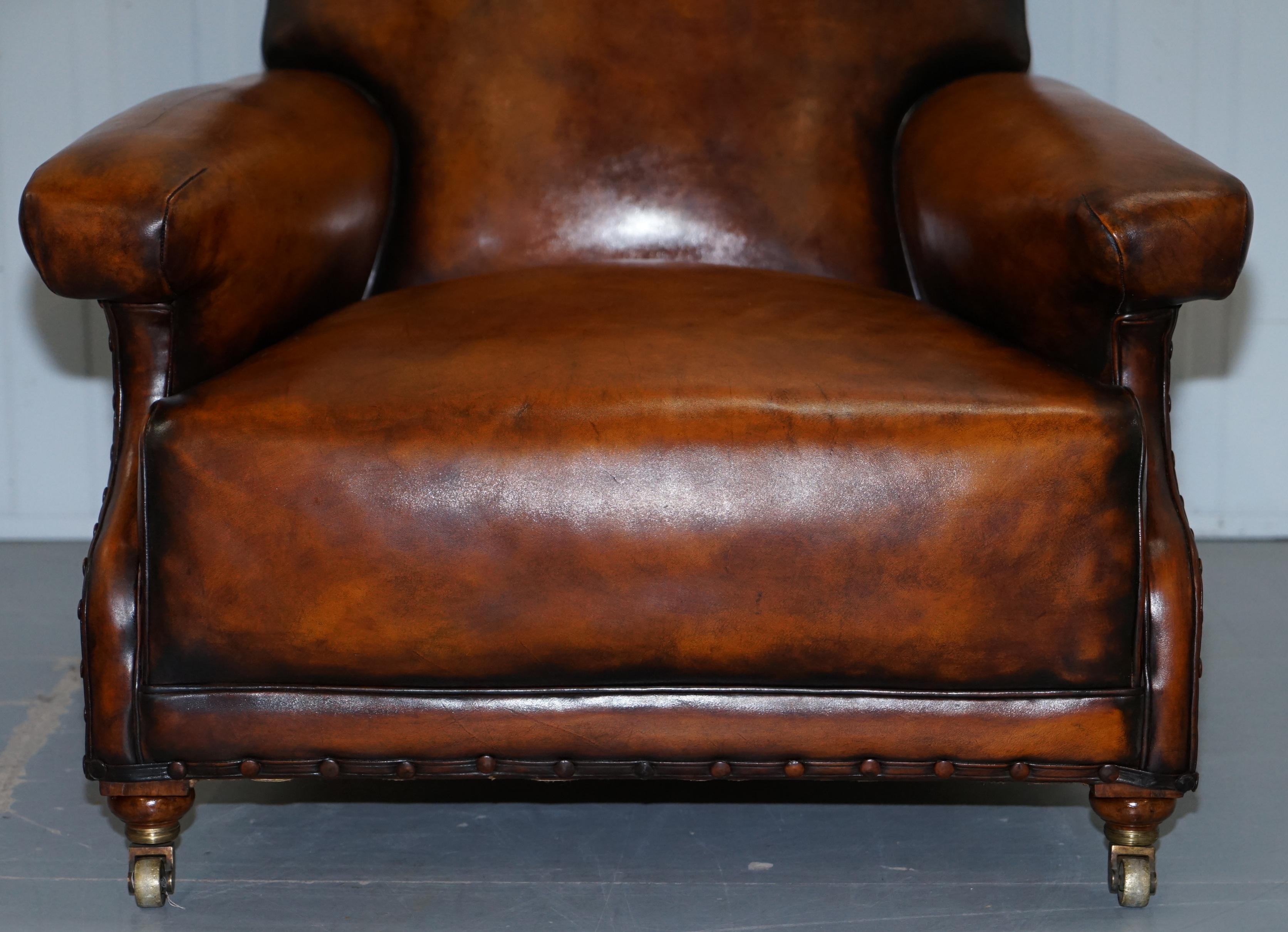 Fully Stamped Original Victorian Walnut & Brown Leather Howard & Son's Armchair 3