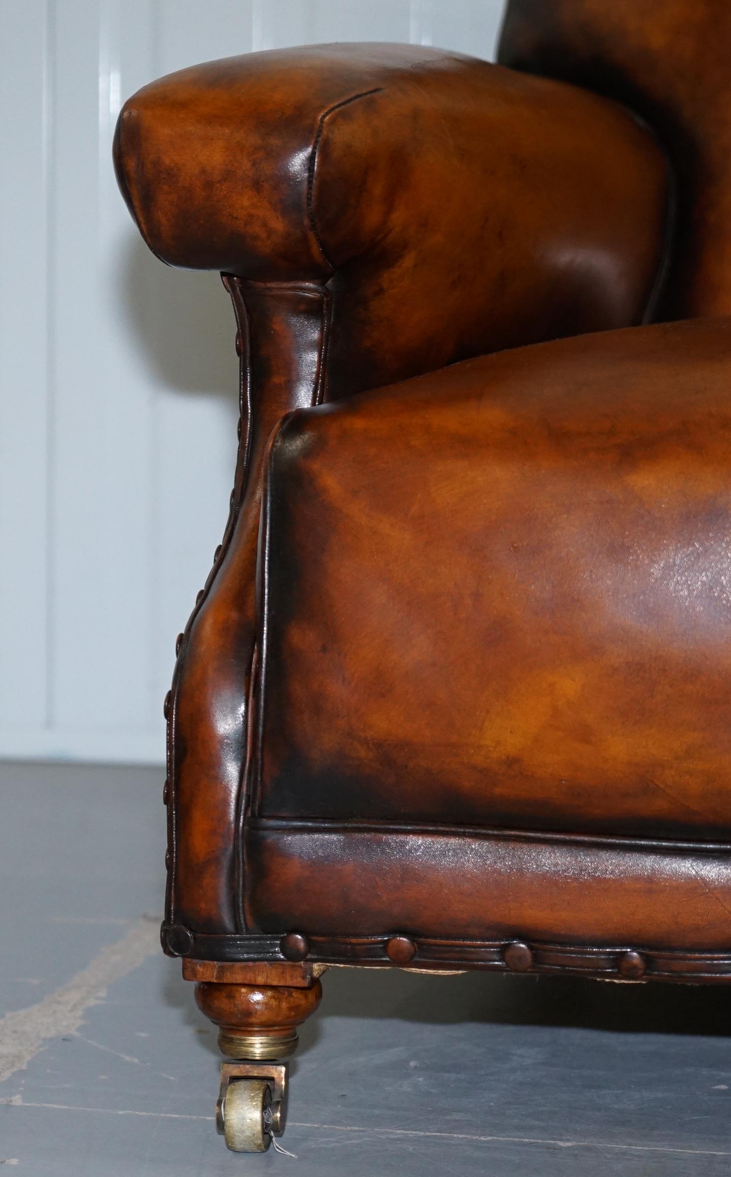 Fully Stamped Original Victorian Walnut & Brown Leather Howard & Son's Armchair 4
