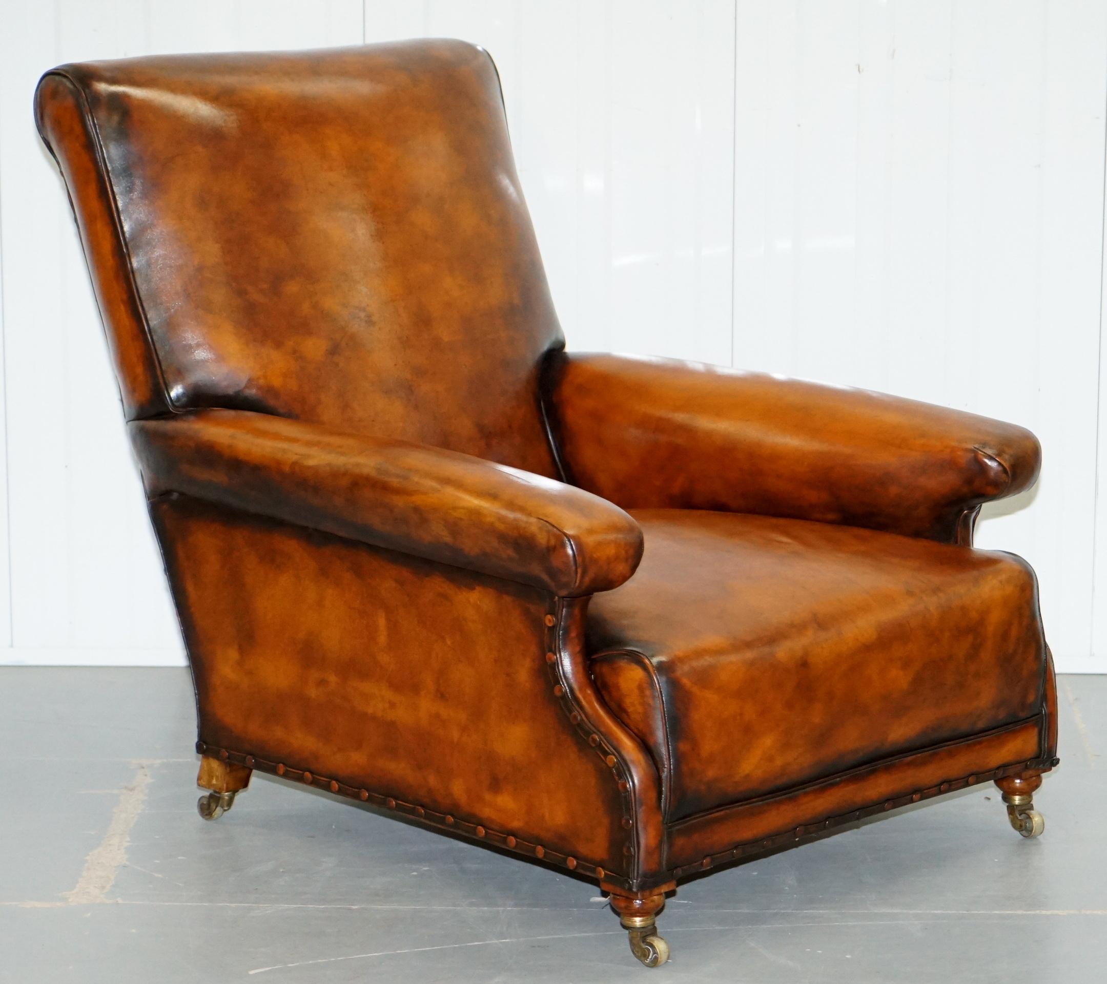 We are delighted to offer for sale this stunning exceptionally rare original early Victorian walnut framed Howard & Son’s Berners street tobacco brown leather armchair

I have various other Howard and Son's armchairs and sofas listed under my