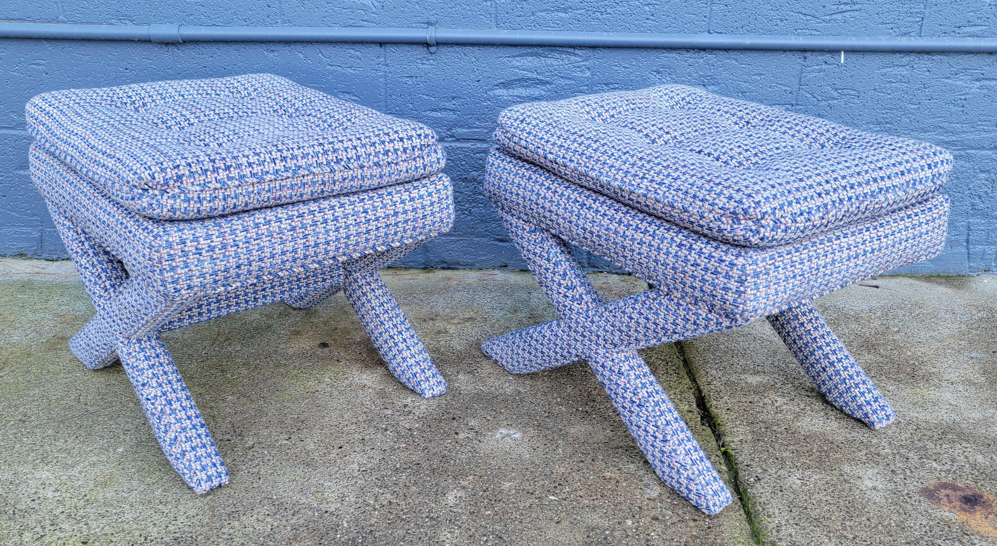 Fully Upholstered Stools X-Base A Pair In Good Condition In Fulton, CA