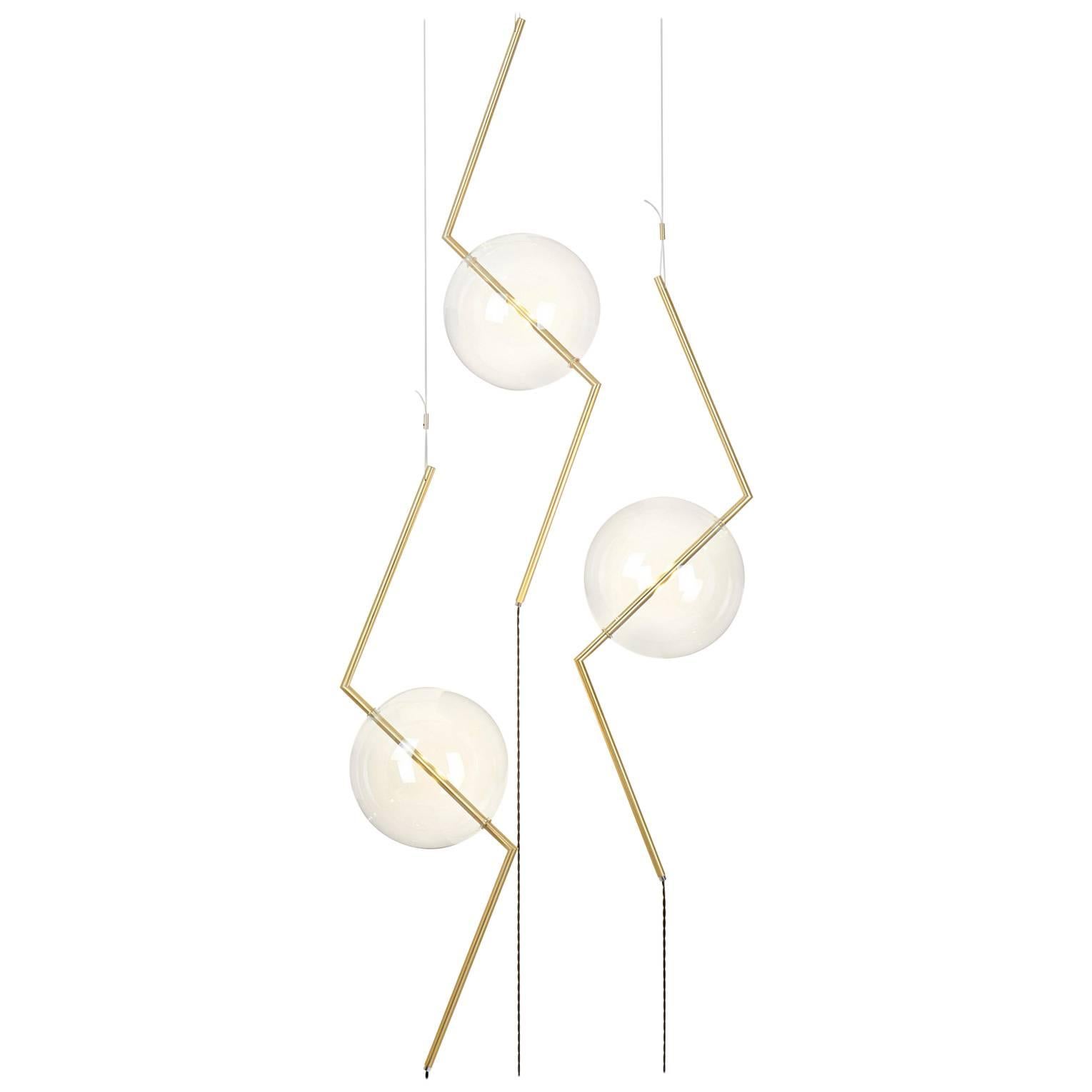 Fulmine Three Lights Floor to Ceiling Minimalist Sculptural Lamp Brushed Brass For Sale