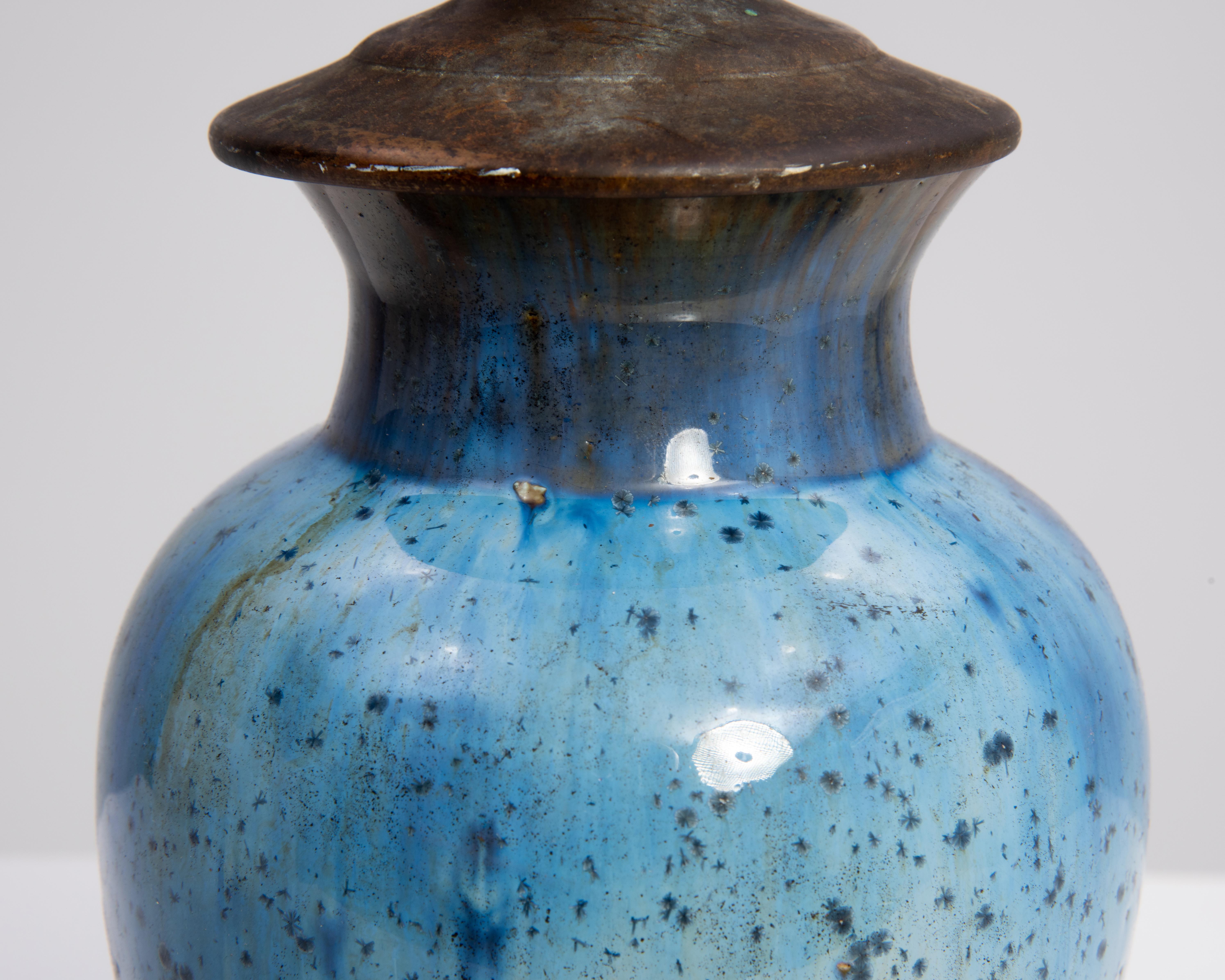 Fulper Arts & Crafts Pottery Lamp Oval Incised Mark Blue Crystalline Glaze Ca. 1 2