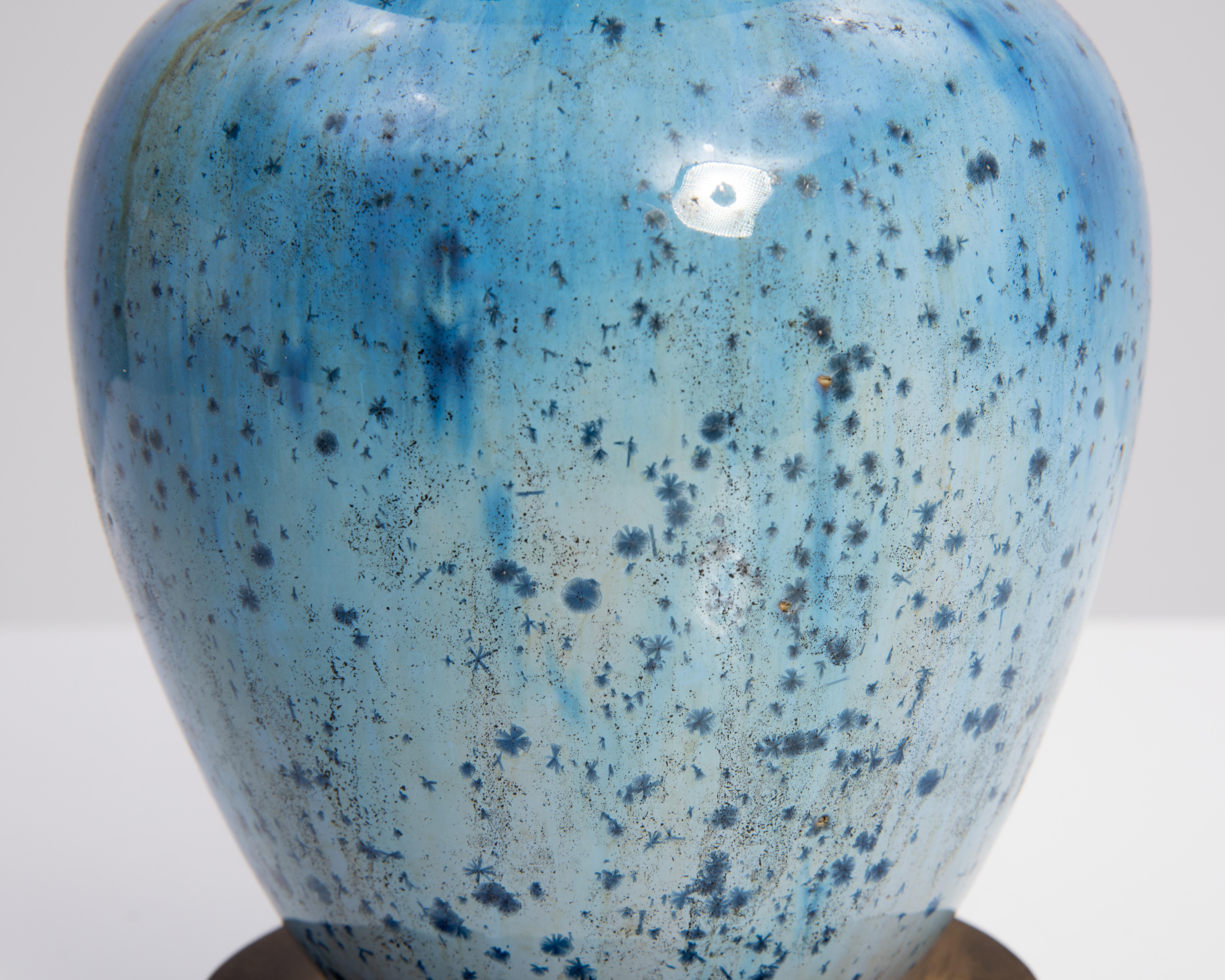 Fulper Arts & Crafts Pottery Lamp Oval Incised Mark Blue Crystalline Glaze Ca. 1 3