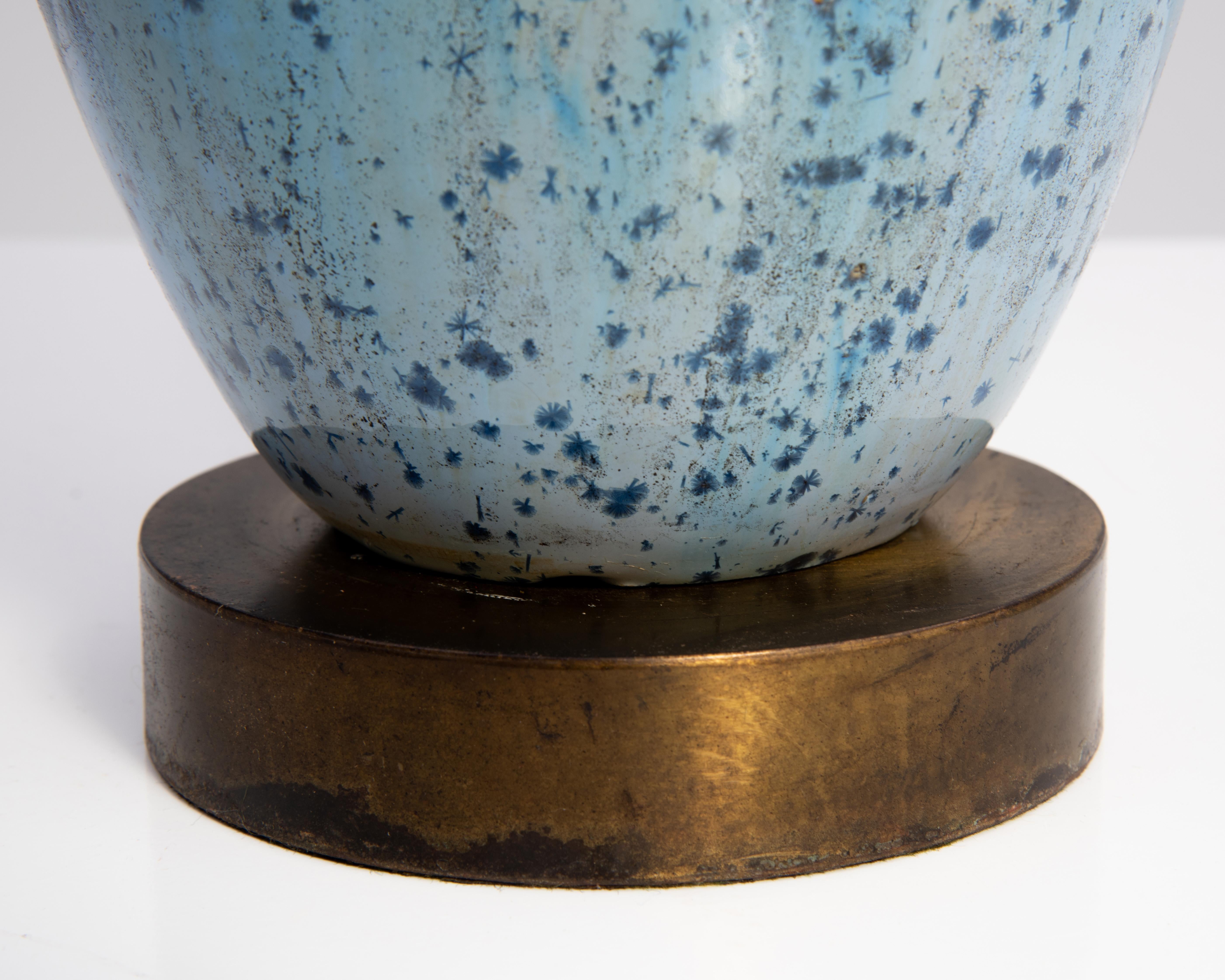 Fulper Arts & Crafts Pottery Lamp Oval Incised Mark Blue Crystalline Glaze Ca. 1 4