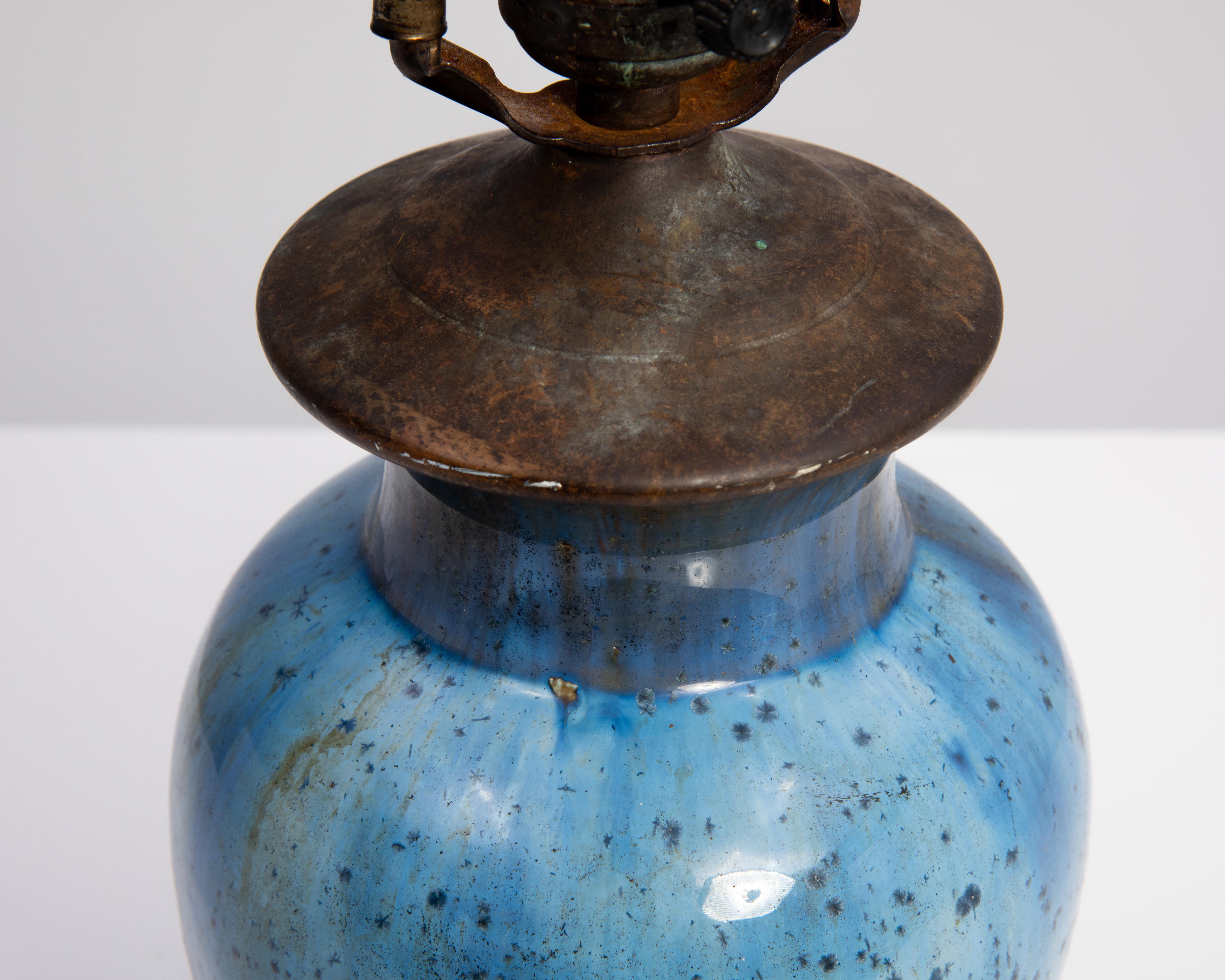 Fulper Arts & Crafts Pottery Lamp Oval Incised Mark Blue Crystalline Glaze Ca. 1 5