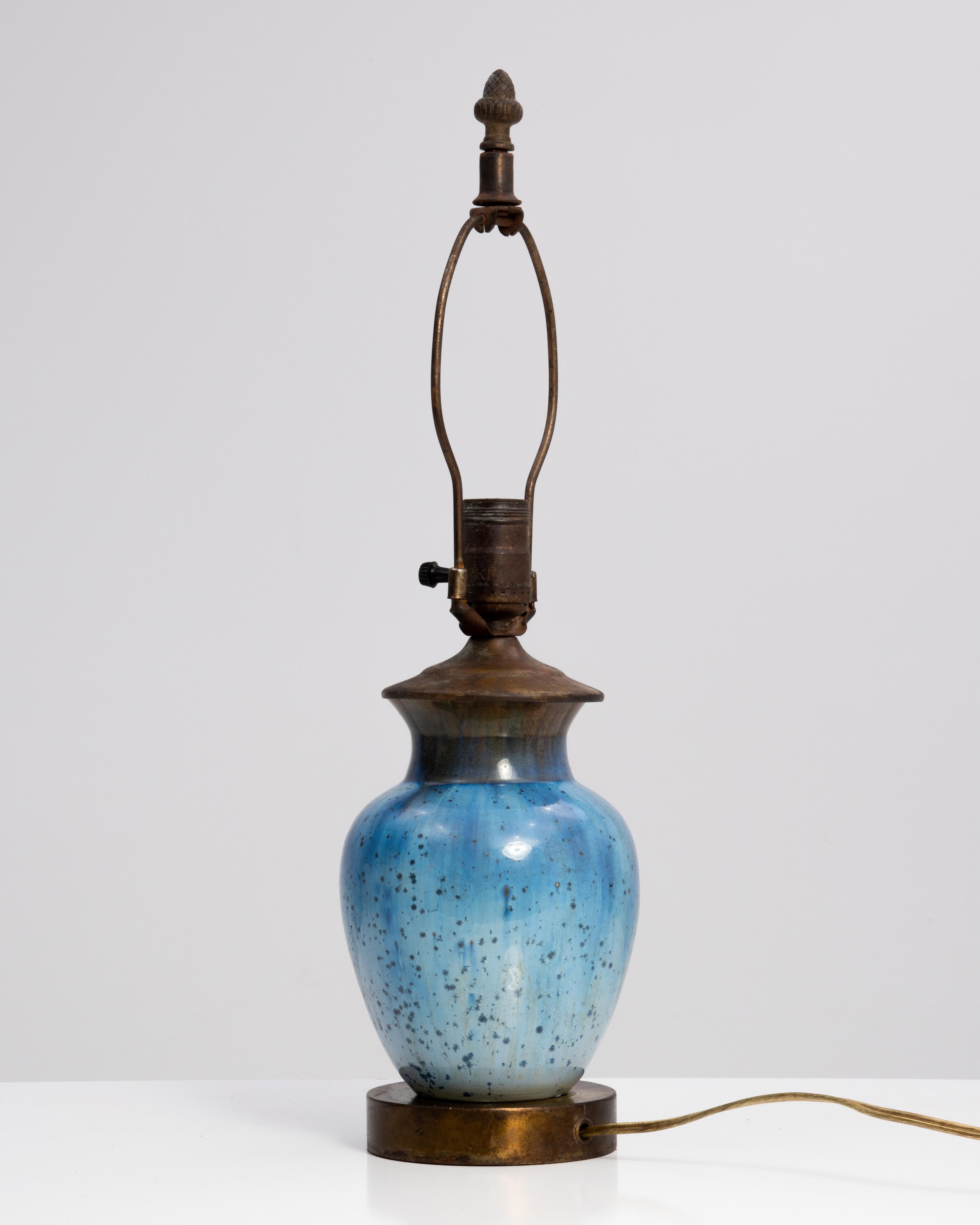 American Fulper Arts & Crafts Pottery Lamp Oval Incised Mark Blue Crystalline Glaze Ca. 1