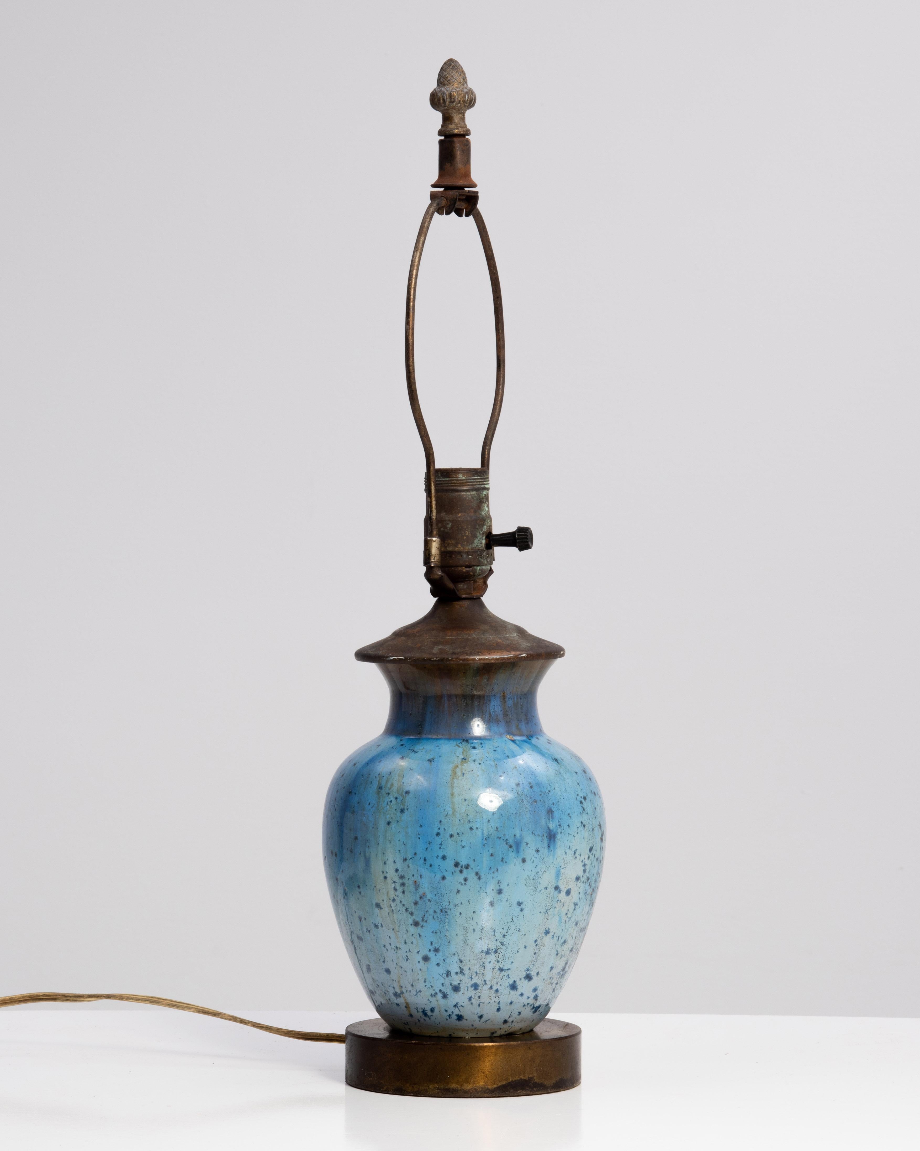 20th Century Fulper Arts & Crafts Pottery Lamp Oval Incised Mark Blue Crystalline Glaze Ca. 1